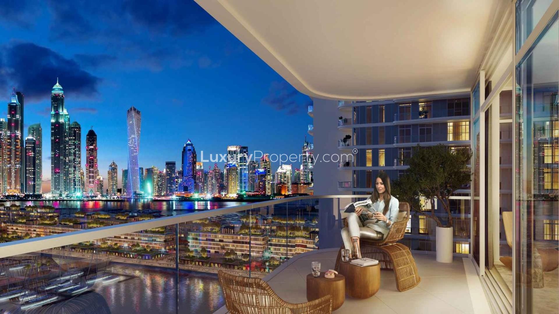 Modern studio apartment with Dubai skyline view at Marina Vista, Emaar Beachfront