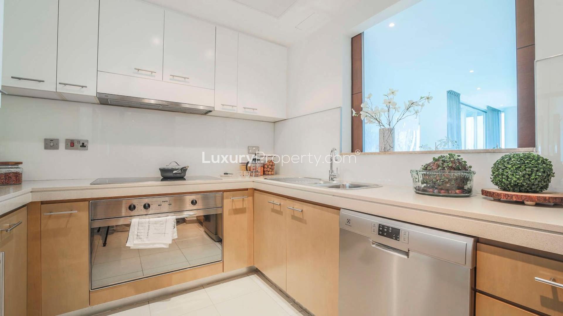 Stylish living room in three-bedroom apartment, Marsa Plaza, Dubai Festival City for sale