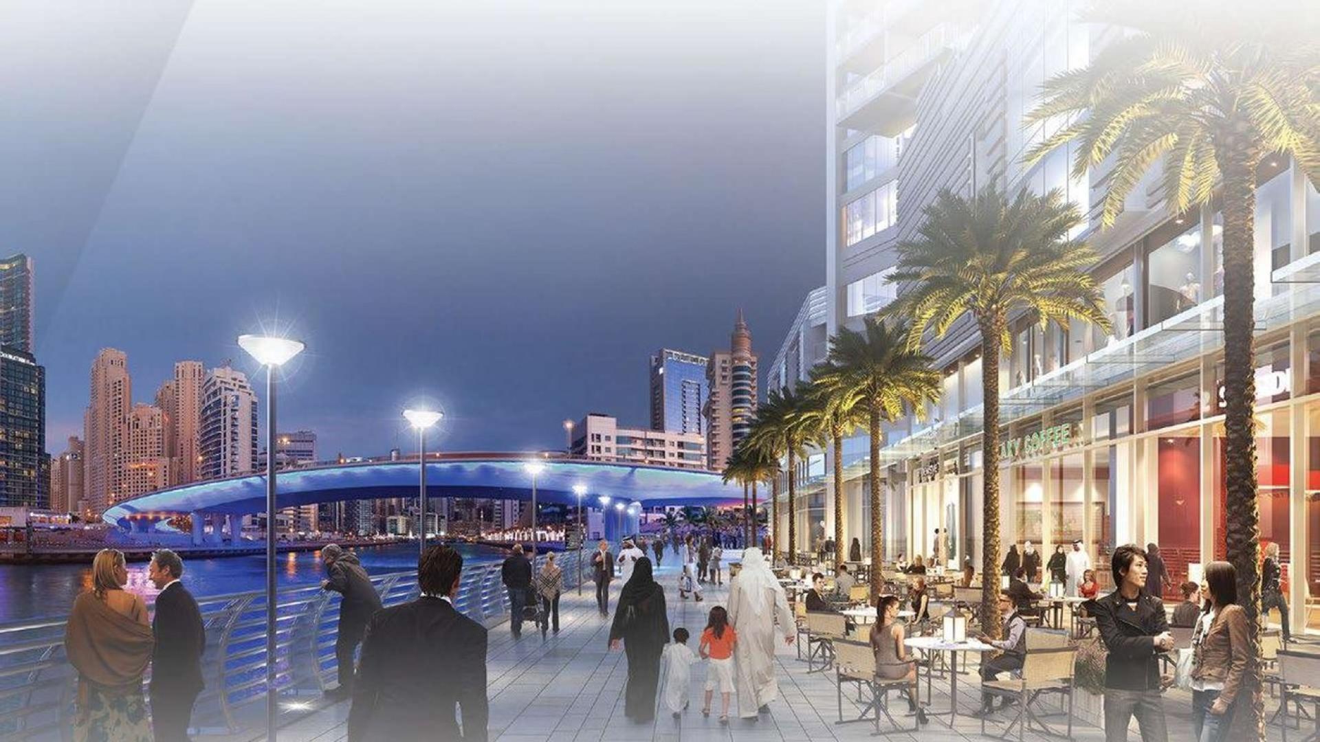 "Stunning Dubai Marina skyline view from beachfront apartment for sale in 5242 community.",Dubai Marina waterfront promenade near 5242 Apartments, vibrant evening with people and cityscape