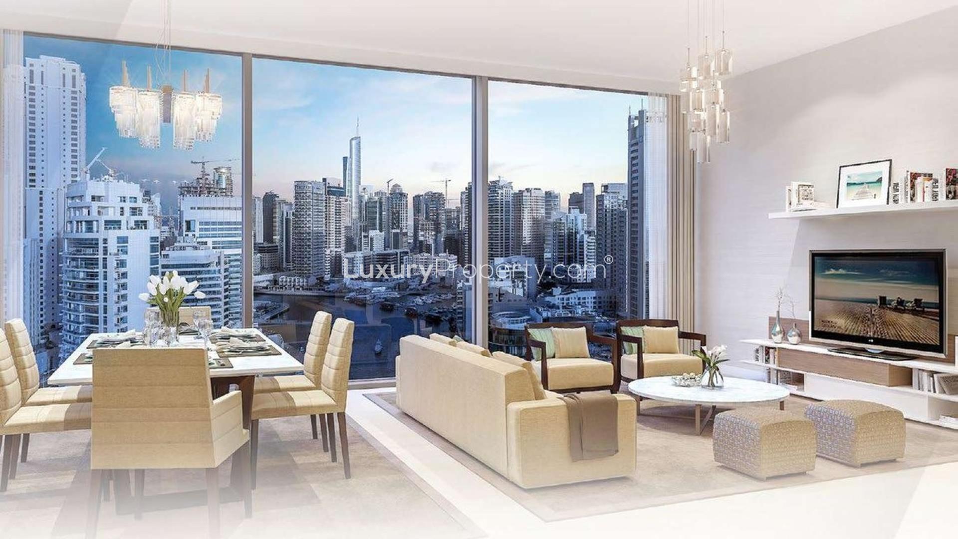 Modern living room with Dubai Marina skyline view in beachfront apartment, 52-42, Dubai Marina