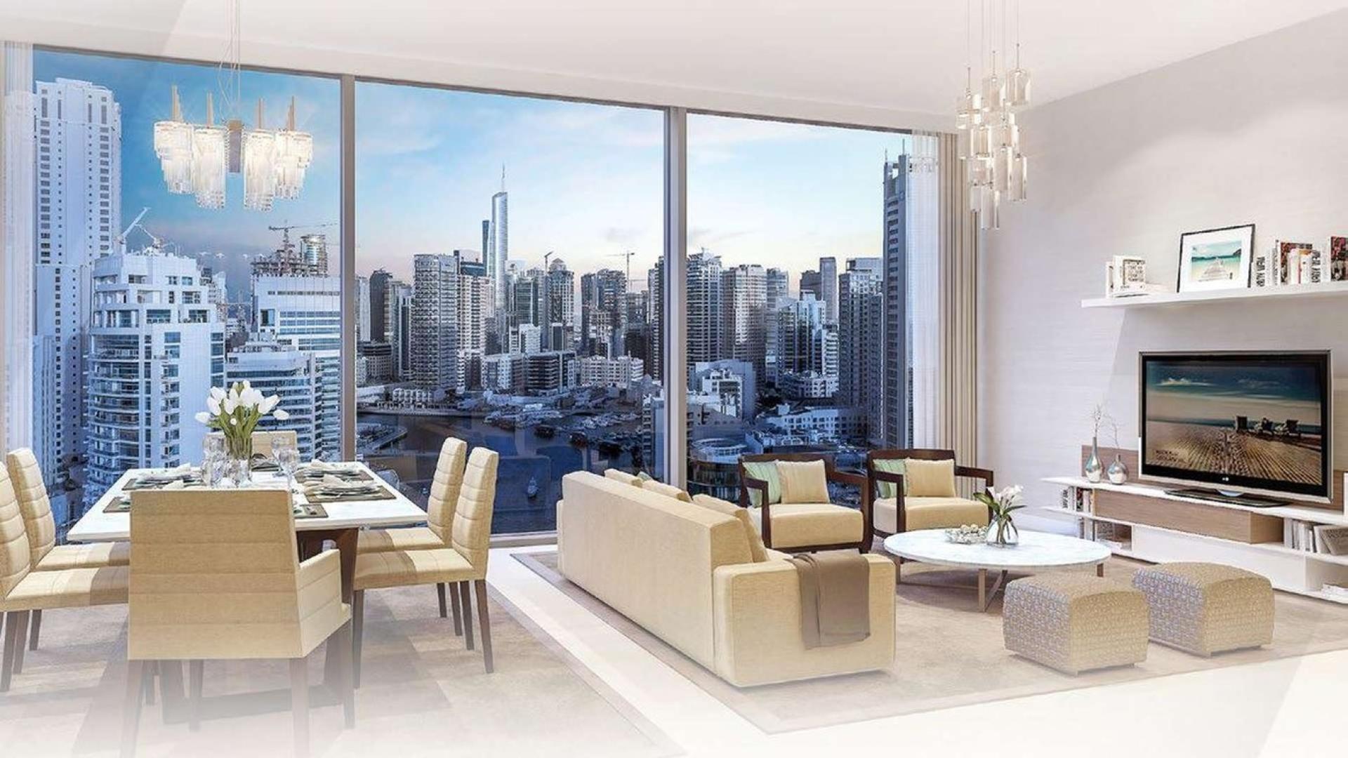 Modern living room with Dubai Marina skyline view in beachfront apartment, 52-42, Dubai Marina