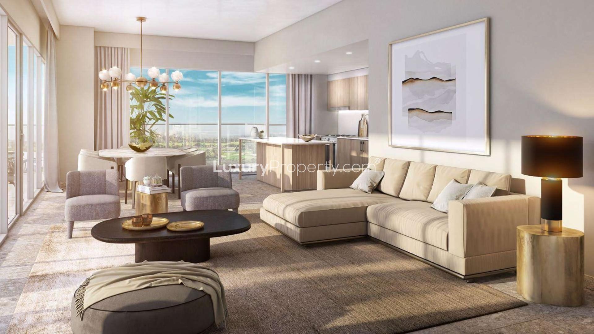 "Luxury apartment exterior at Golf Suites, Dubai Hills Estate with pool and greenery view.",Luxurious living room in three-bedroom apartment, Golf Suites, Dubai Hills Estate