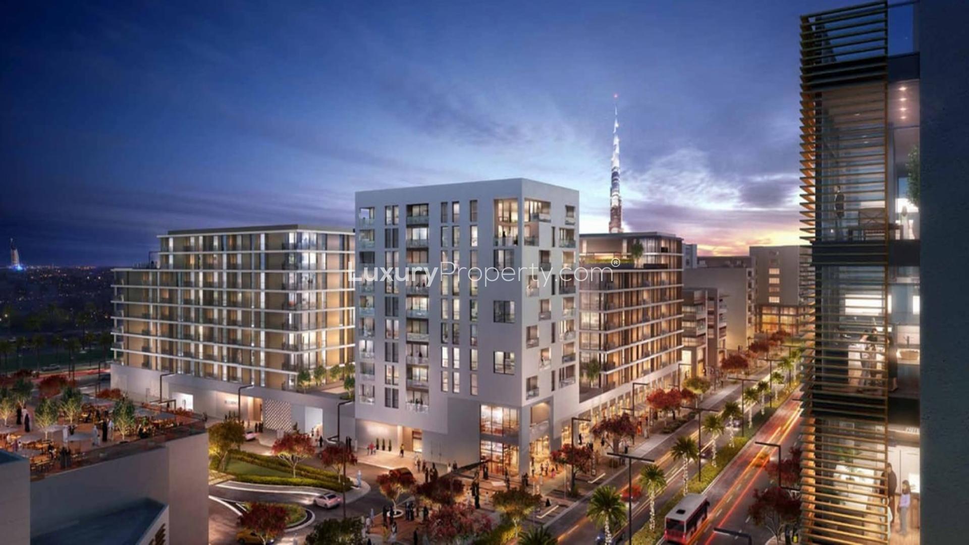 Modern open-plan living area in Park Point apartment, Dubai Hills Estate, with stylish decor