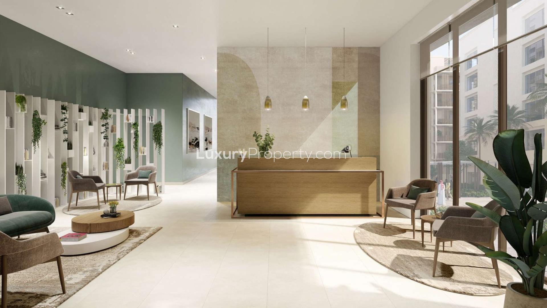 Modern lobby at Waterfront Apartments, Breeze, Creek Beach, Dubai Creek Harbour. Stylish seating and decor