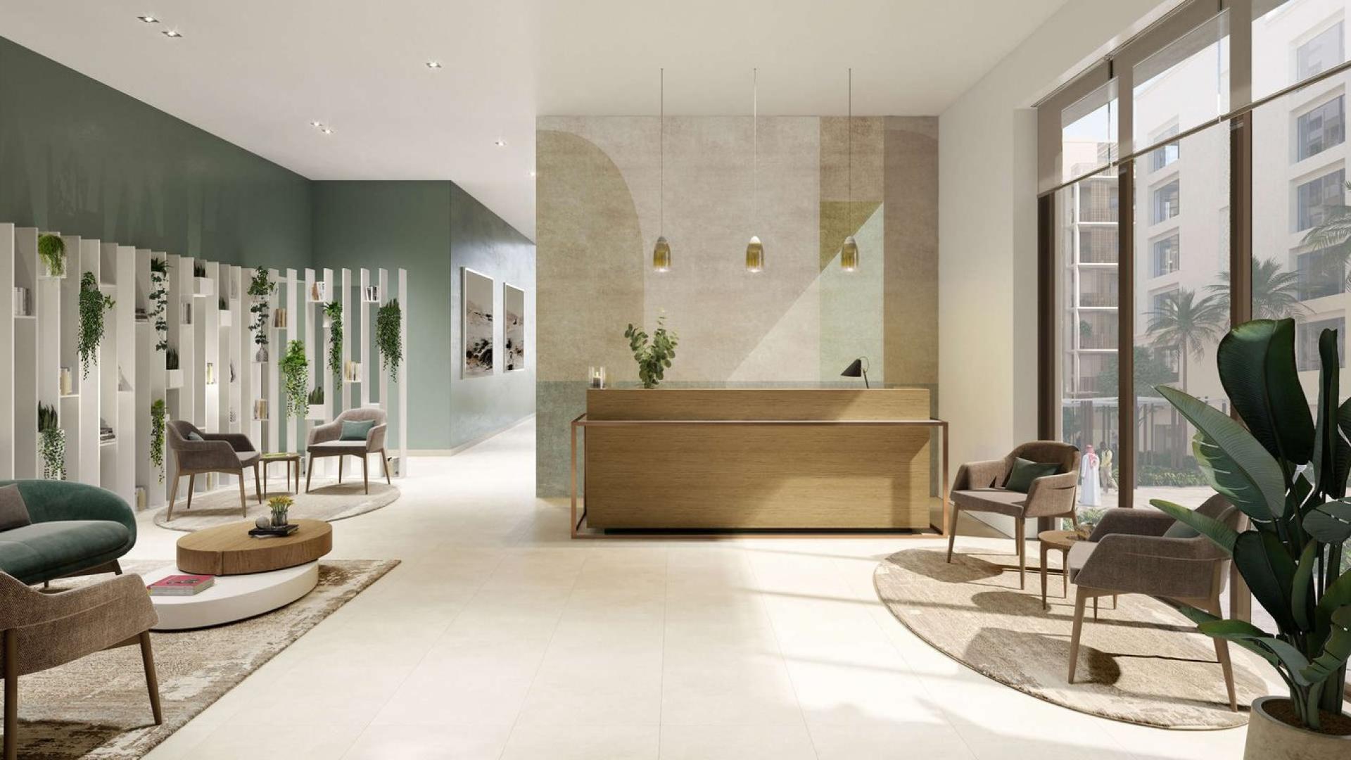 Modern lobby at Waterfront Apartments, Breeze, Creek Beach, Dubai Creek Harbour. Stylish seating and decor