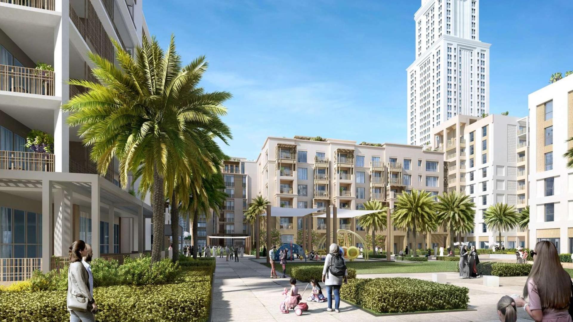 3-bedroom apartment exterior, lush palm trees, Creek Beach, Dubai Creek Harbour