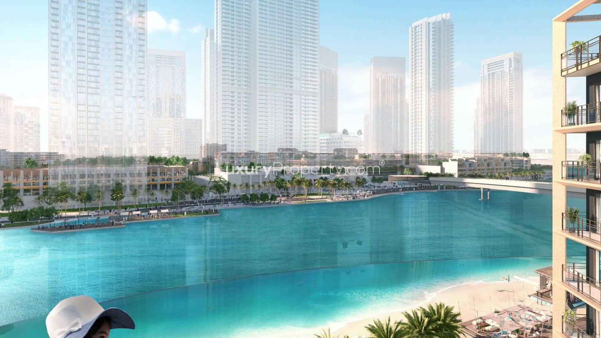 Luxurious living room in three-bedroom apartment, Dubai Creek Harbour, with modern decor and city view