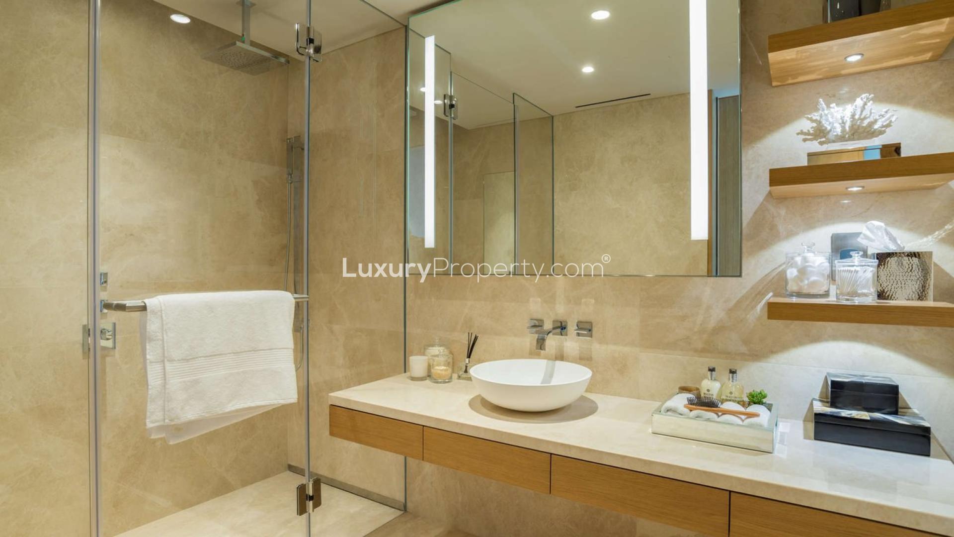 Modern living area in luxury apartment, One Palm, Palm Jumeirah with stylish kitchen design