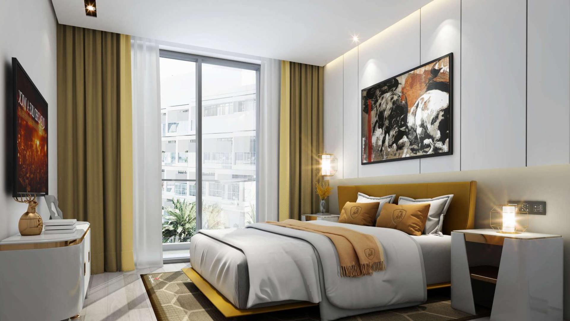 Exterior view of Tonino Lamborghini Residences, Meydan, featuring luxury apartments and pool area