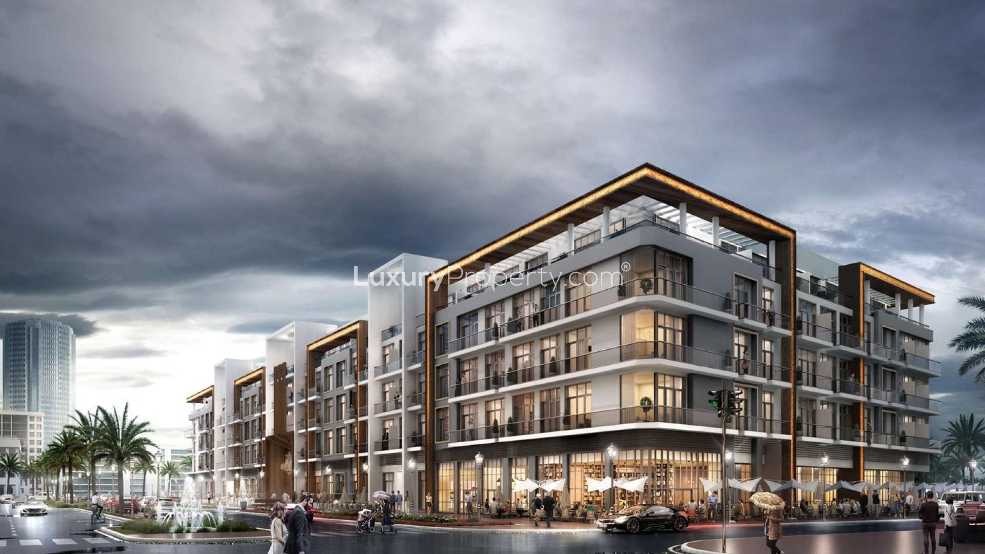 Exterior view of Pantheon Elysee apartment building in Jumeirah Village Circle, Dubai