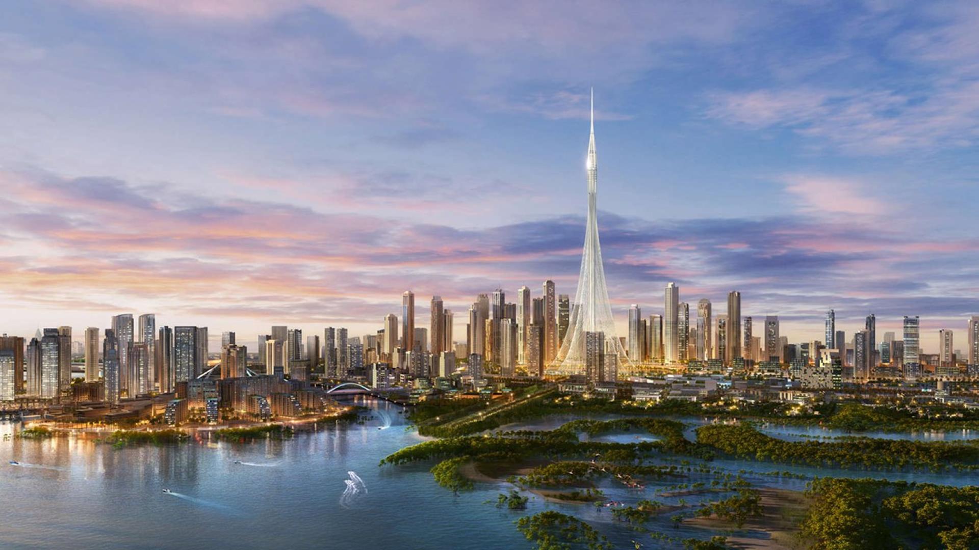 Modern studio living room with city view at Palace Residences, Dubai Creek Harbour