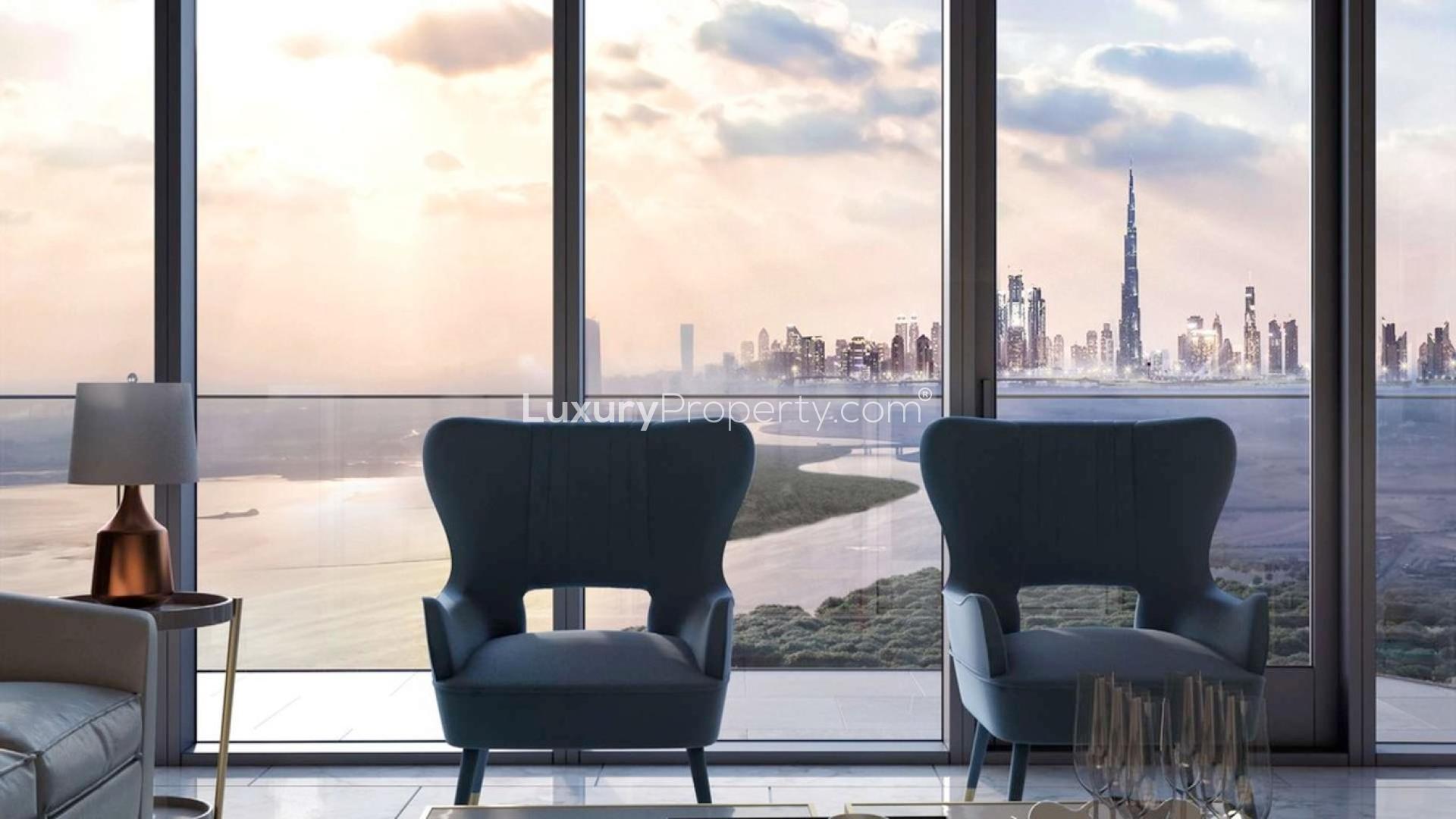 Luxurious bedroom in Address Harbour Point apartment, Dubai Creek Harbour, with stunning skyline view