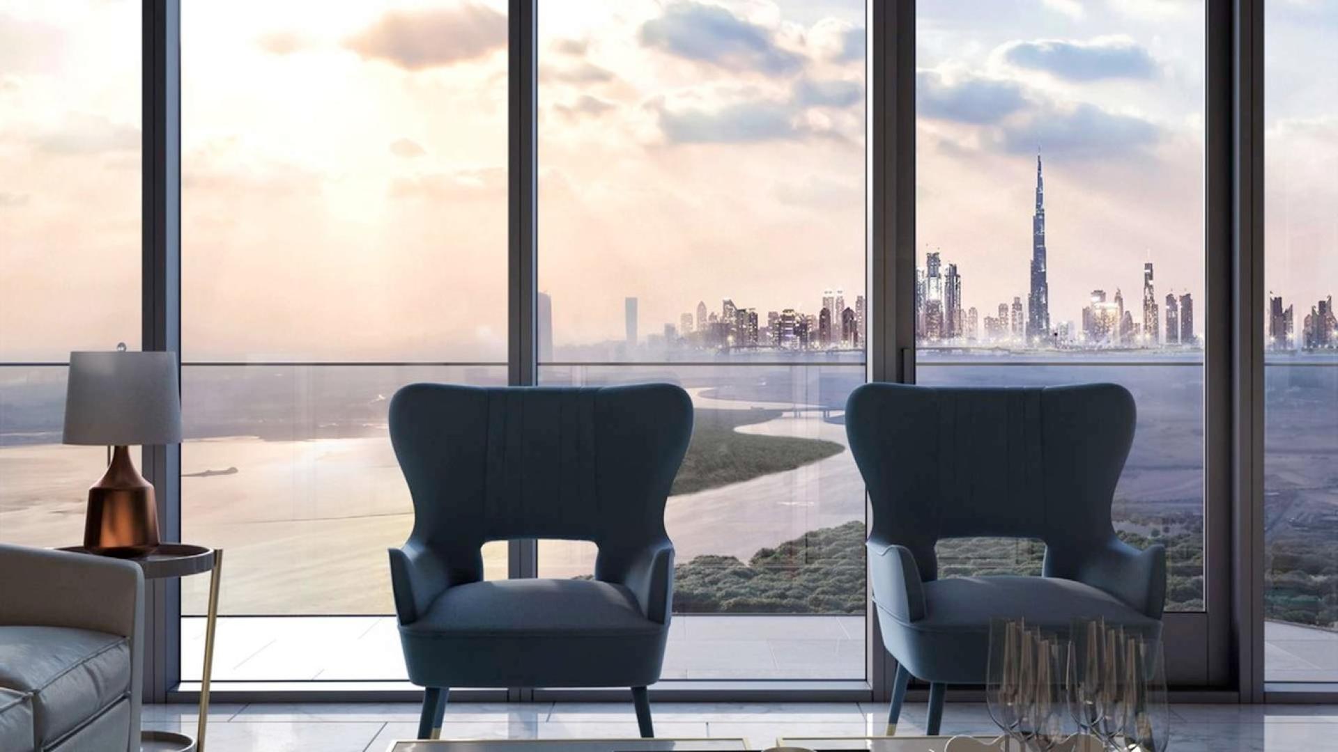 Luxurious bedroom in Address Harbour Point apartment, Dubai Creek Harbour, with stunning skyline view