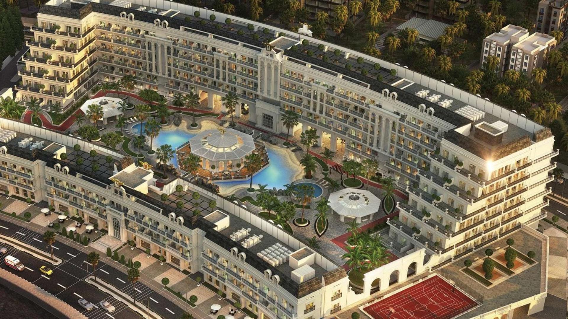 Aerial view of luxury Vincitore Benessere apartment complex in Arjan with pool and amenities