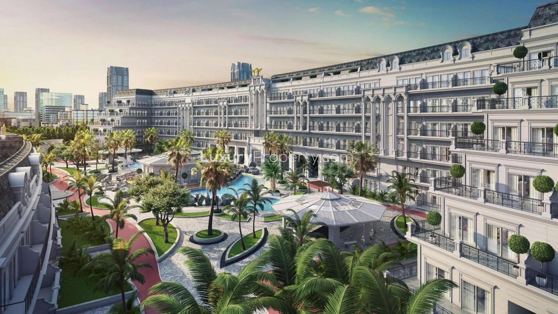 "Elegant Benessere Dubailand apartment exterior with lush gardens and pool, Arjan community.","Elegant studio bedroom view from terrace at Vincitore Benessere, Arjan, Dubailand apartment.",Aerial view of stylish Vincitore Benessere apartment complex with pool in Arjan, Dubailand