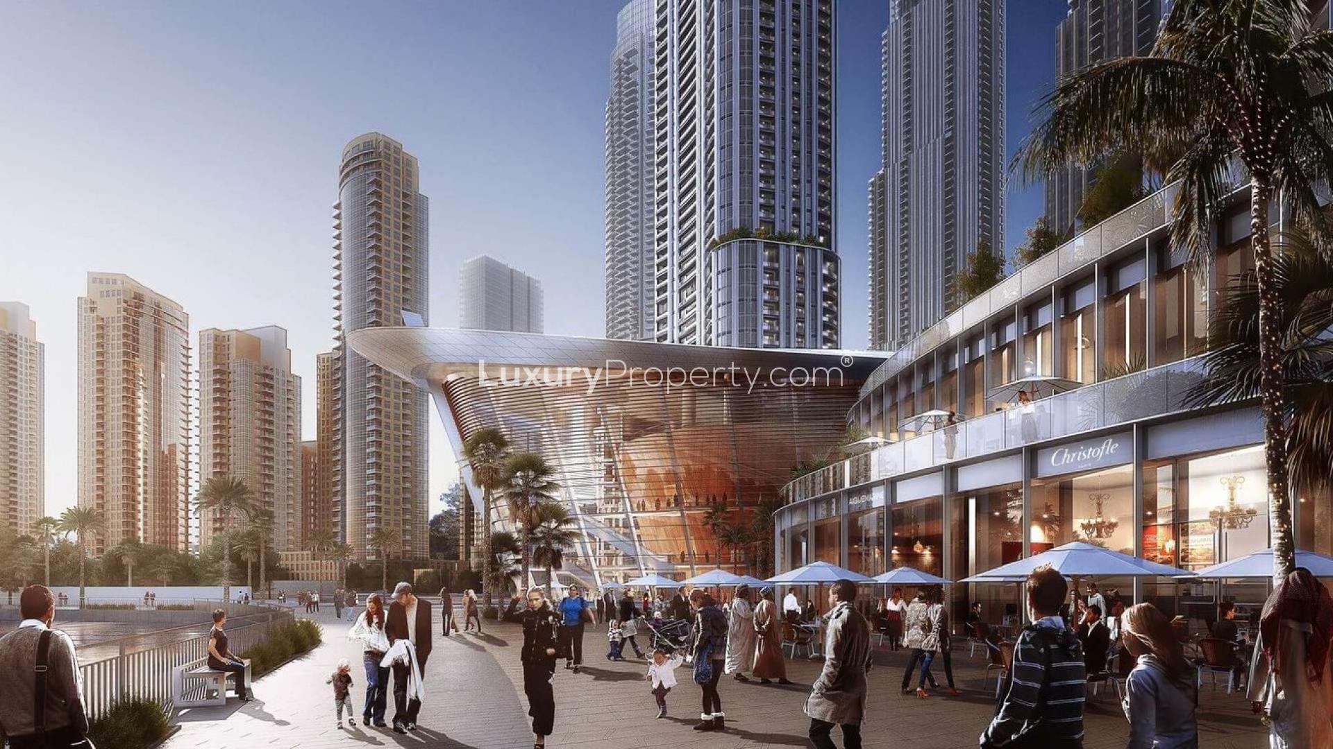 Luxury apartment balcony view overlooking Downtown Dubai and Burj Khalifa area at dusk