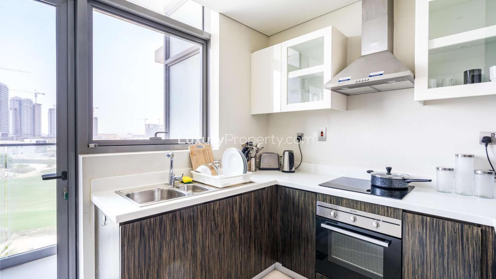 Modern bedroom in three-bed apartment, Damac Hills, NAIA Golf Terrace, luxurious interior design