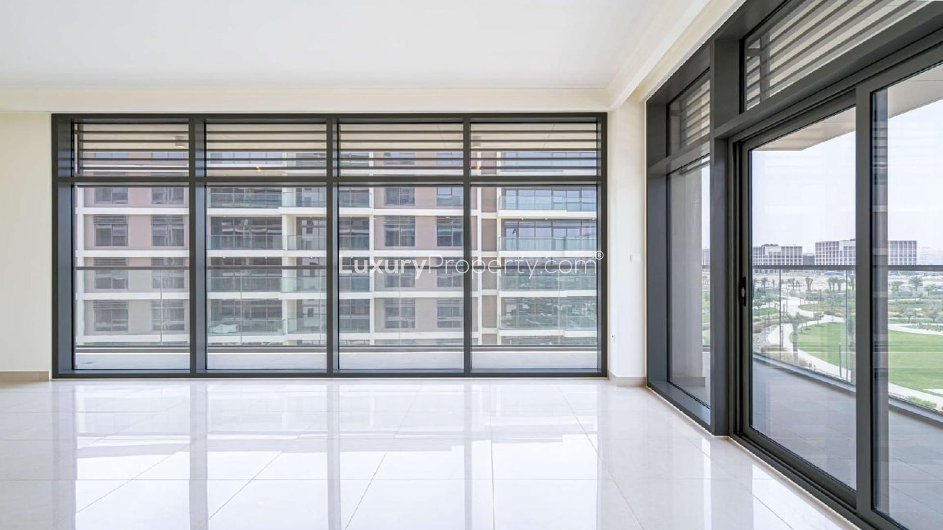 Exterior view of Mulberry Park Heights apartment with pool in Dubai Hills Estate