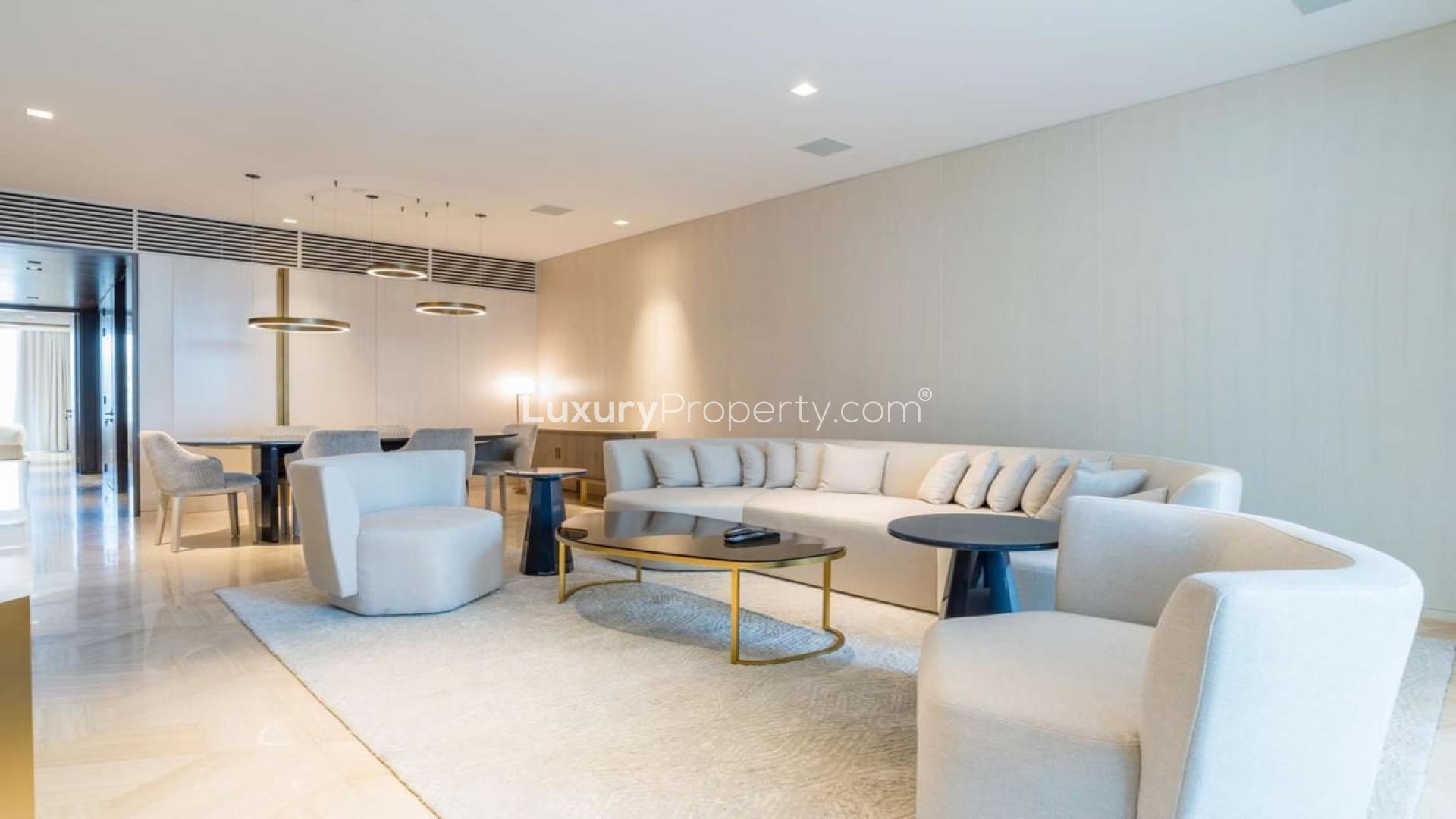 Luxury furnished living room in vacant 3-bedroom apartment, FIVE Palm Jumeirah, for sale