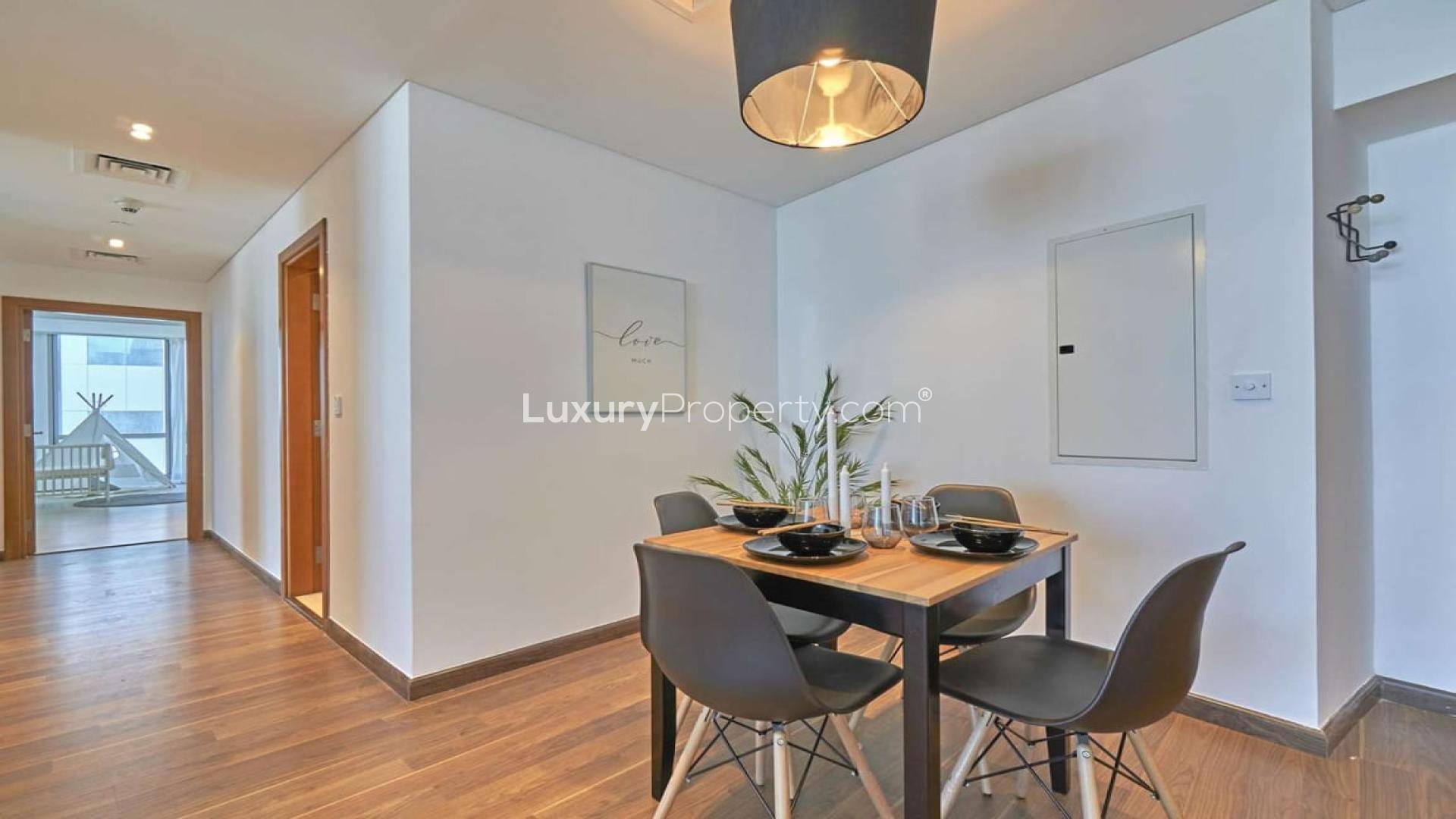 Modern living room with sea view in Dubai Marina apartment, Ocean Heights