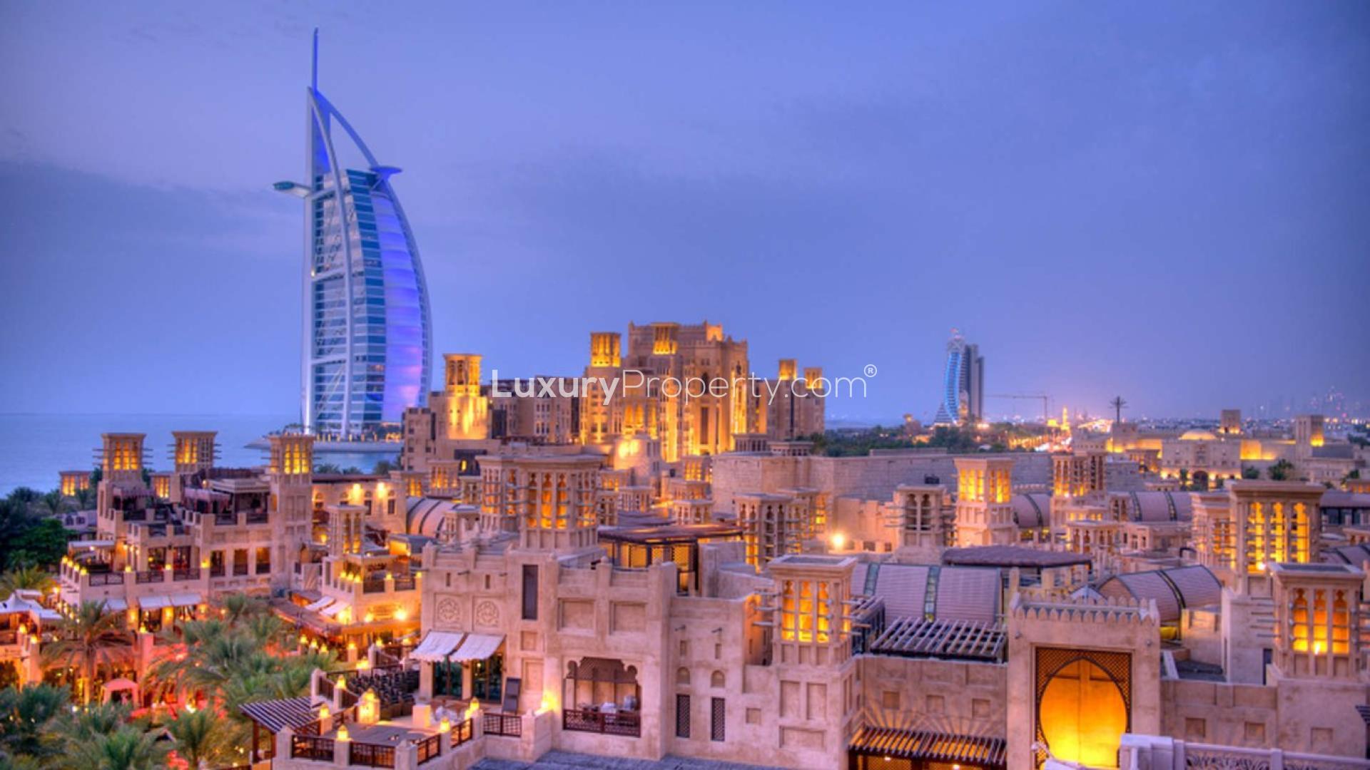 Exterior view of Asayel 3 apartments at Madinat Jumeirah Living, featuring modern architecture