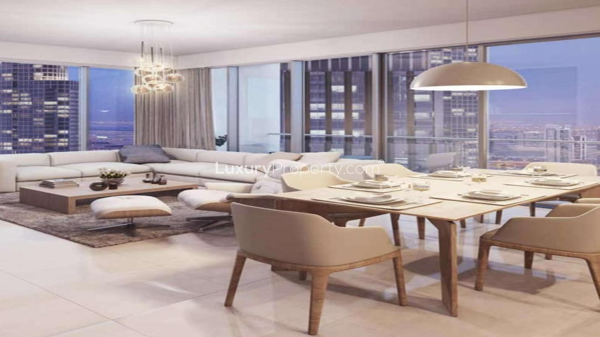 Luxurious bedroom with city skyline view in Downtown Dubai's Forte apartment