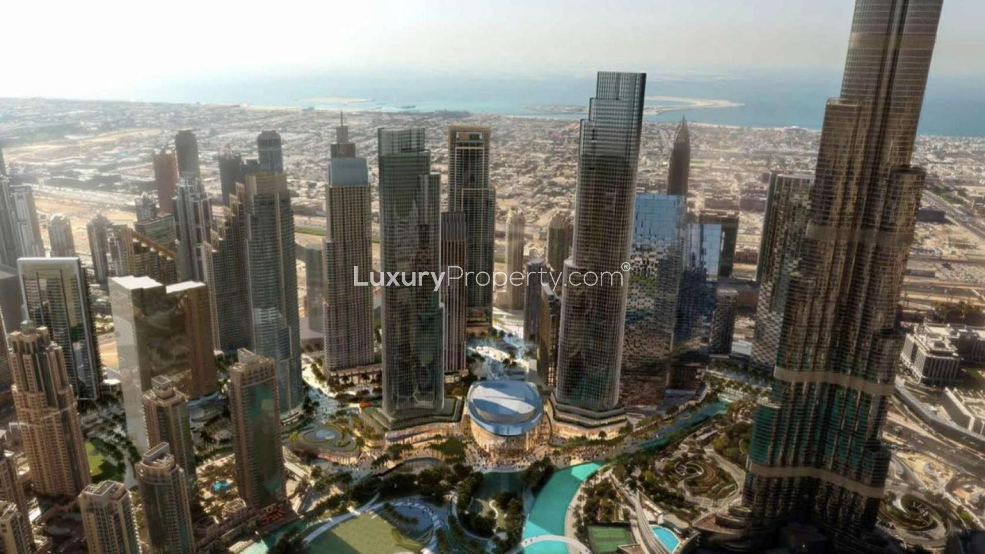 Aerial view of Forte skyscrapers in Downtown Dubai Opera District near luxury apartments for sale