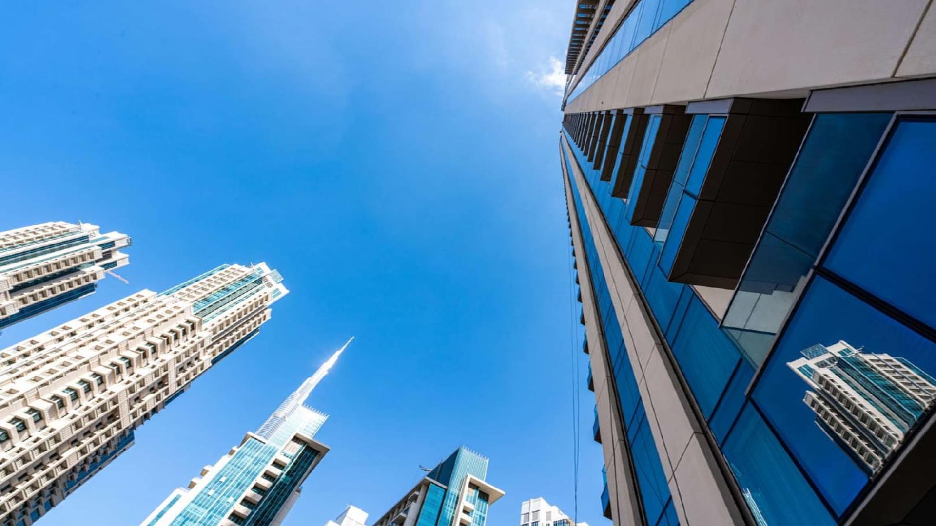 Modern living room in Vida Downtown apartment with city view, Downtown Dubai