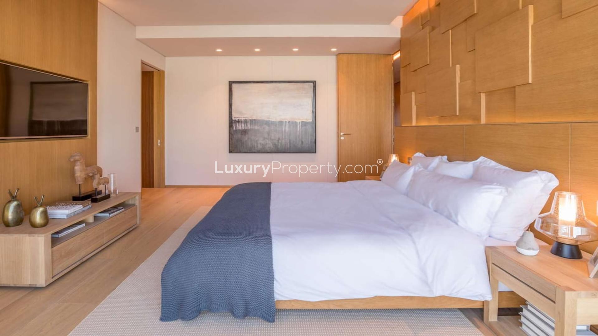 Aerial view of Dubai Marina and sea from Palm Jumeirah luxury apartment for sale