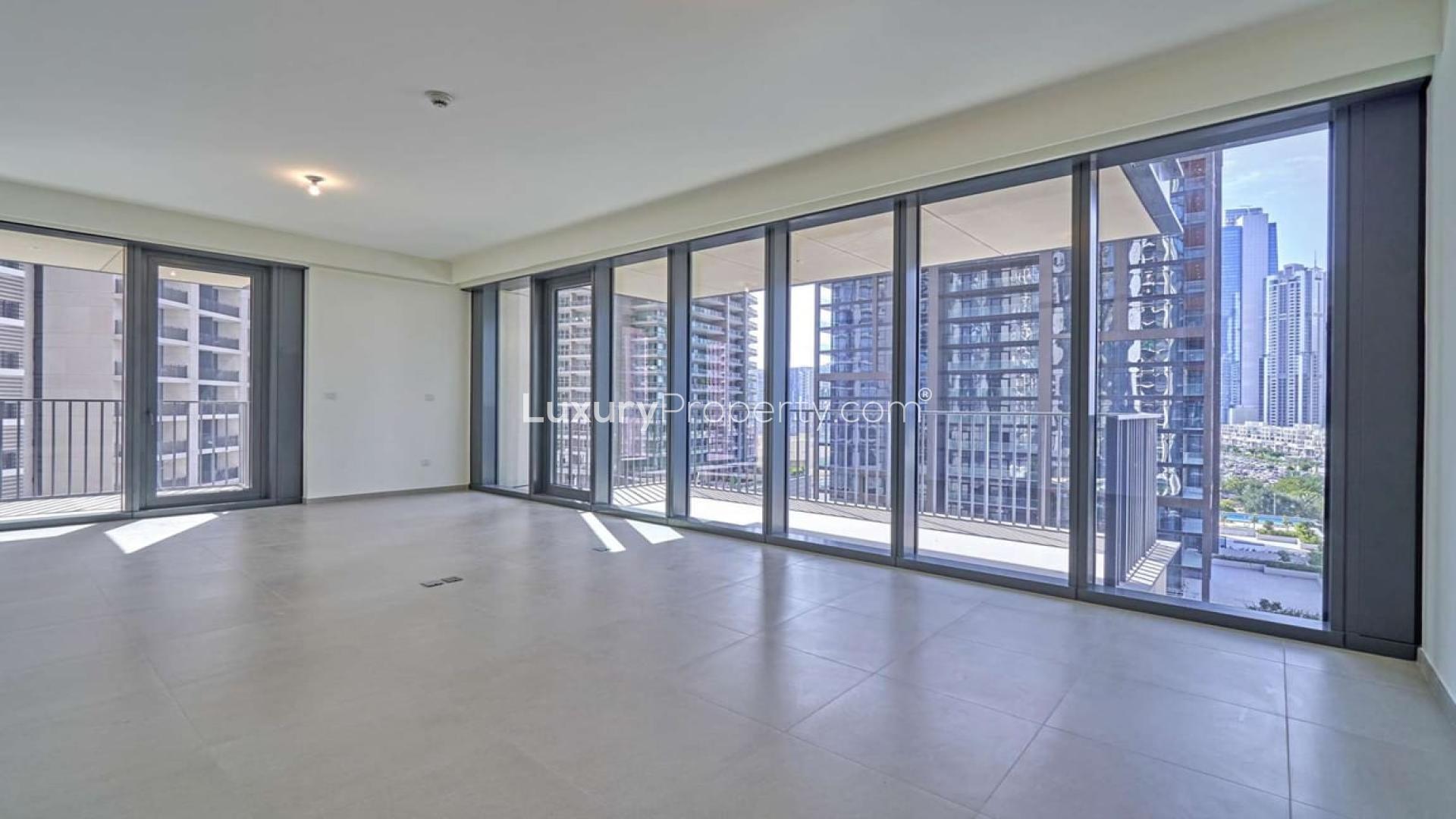 Outdoor pool area at Boulevard Heights apartment, Downtown Dubai, surrounded by modern buildings
