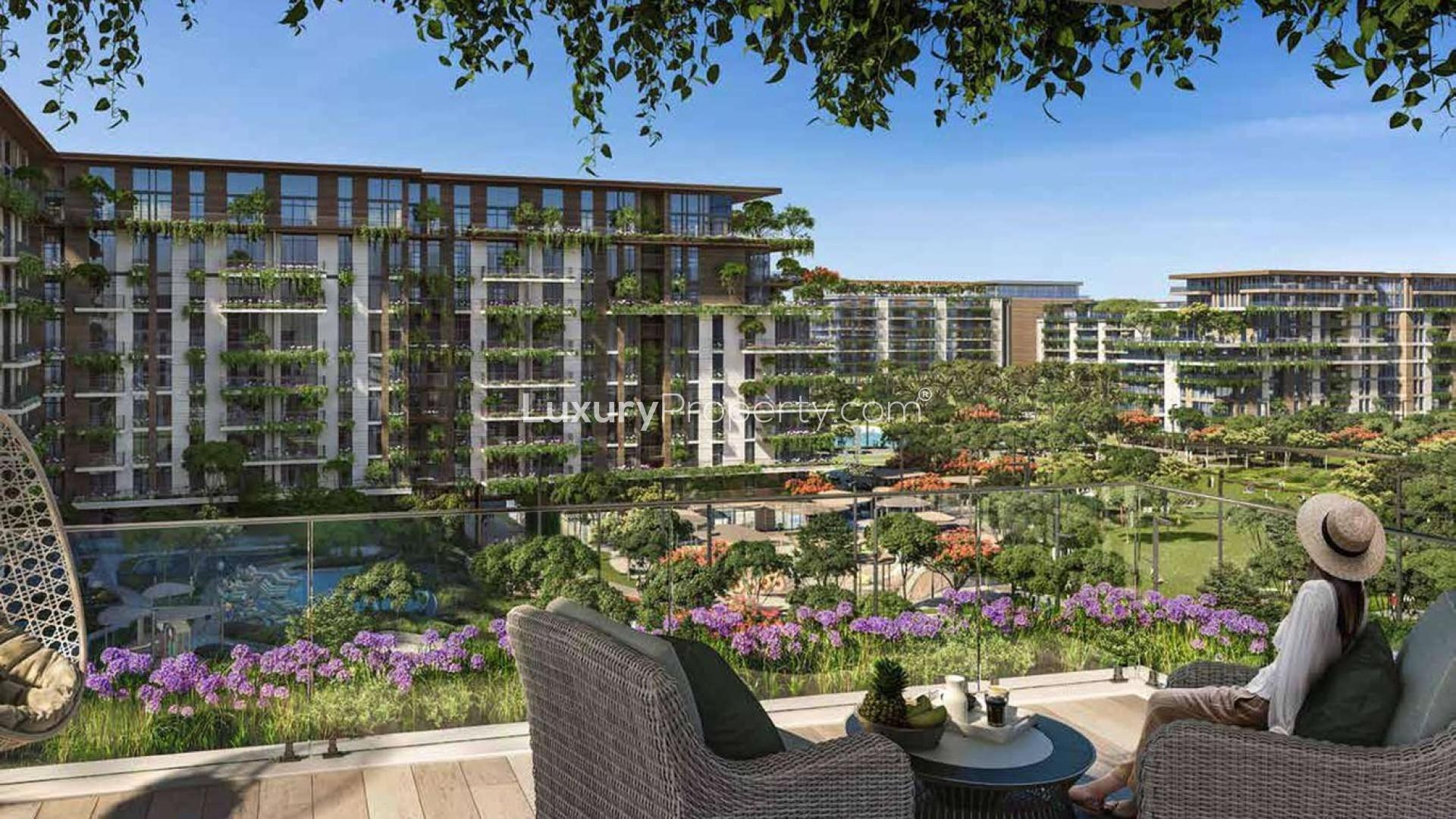 Modern living room and dining area in Central Park apartment, City Walk, for sale