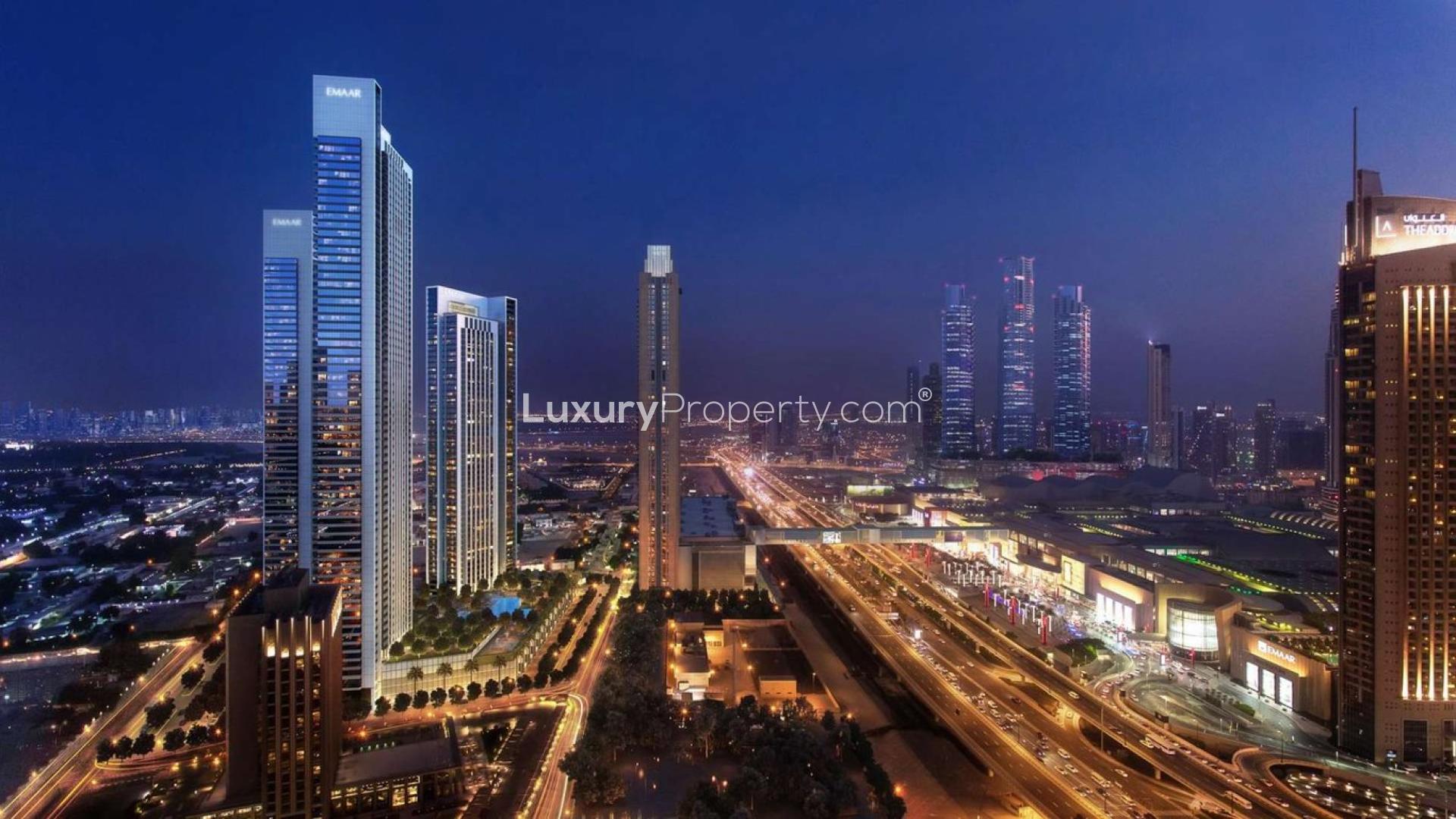 Luxury apartment balcony with stunning downtown Dubai skyline views at sunset