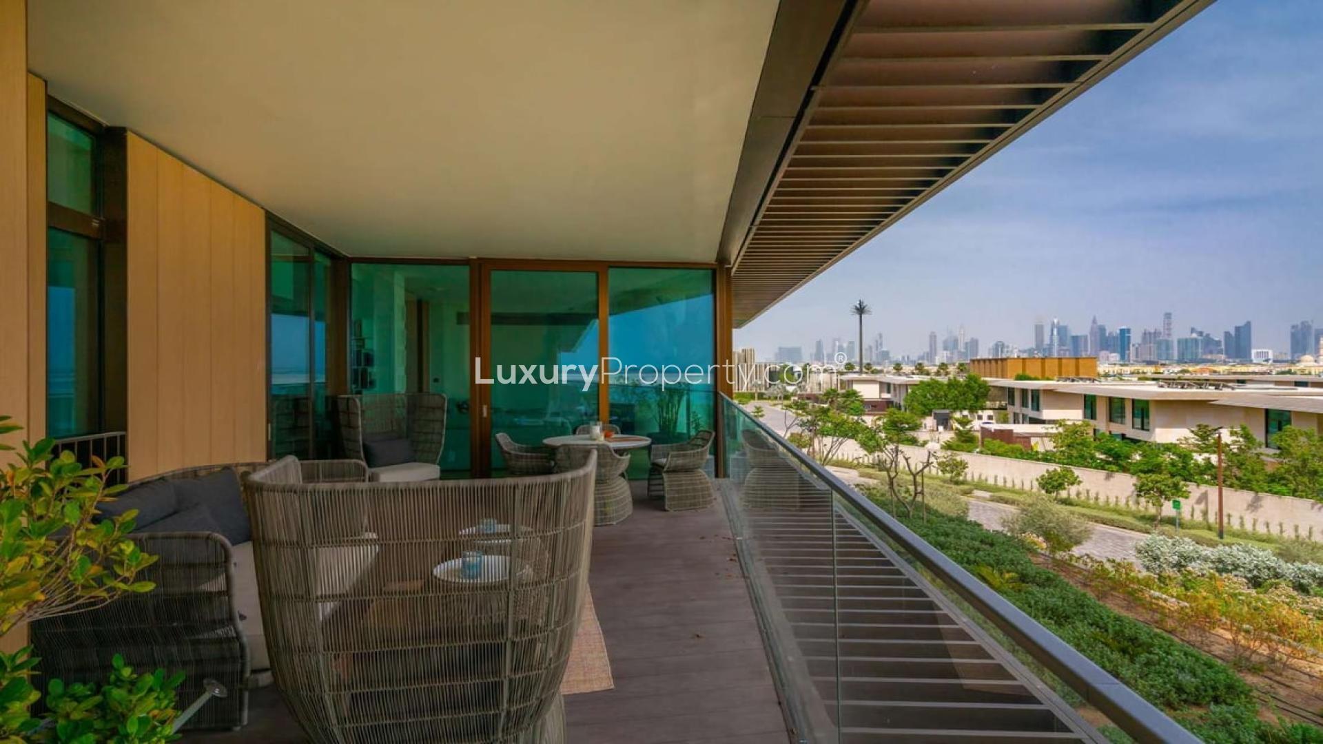 Luxurious living room in three-bedroom apartment, Bulgari Residences, Jumeirah Bay Island