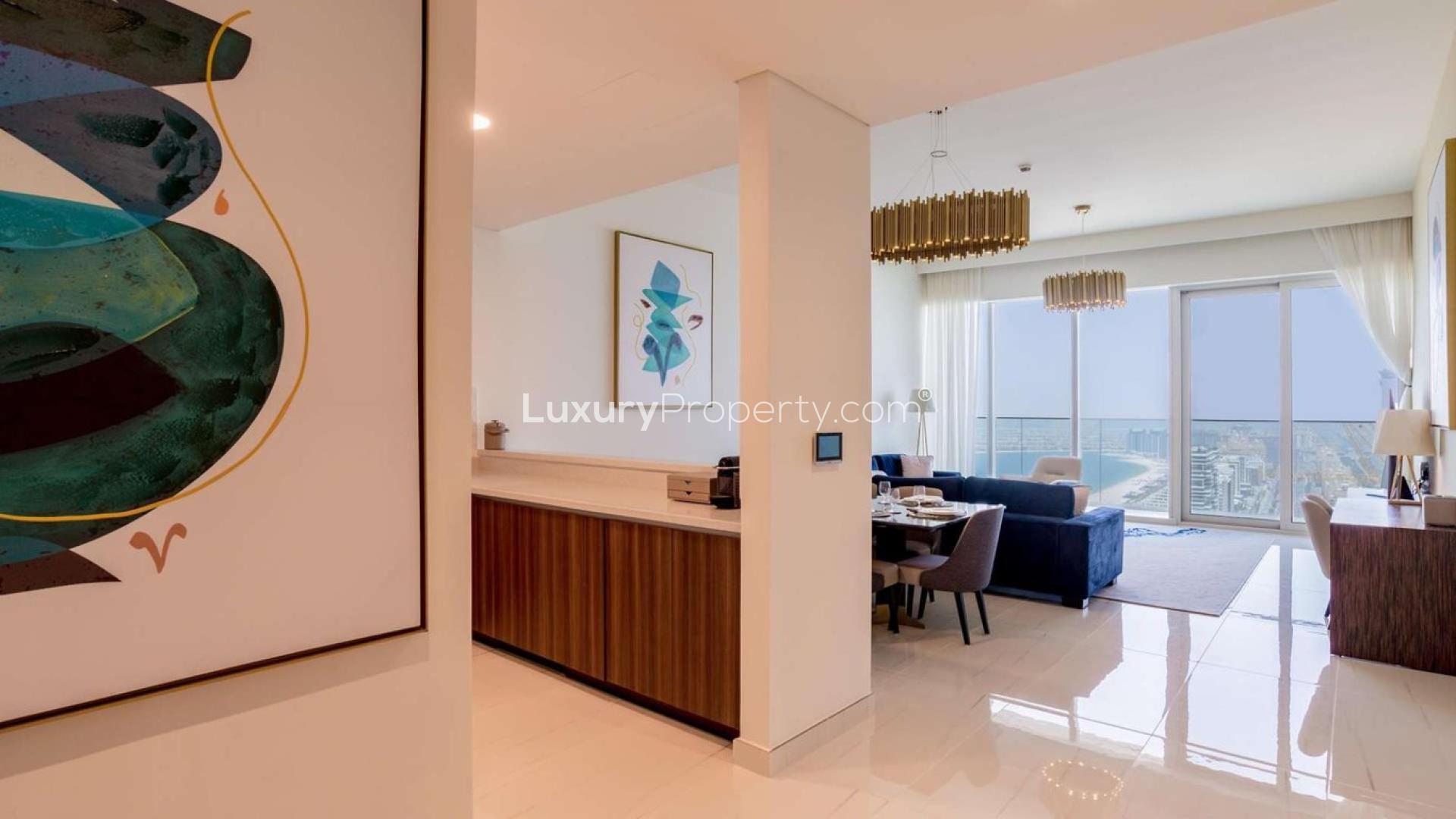 Furnished Dubai apartment living room with stunning views, modern decor, and dining area