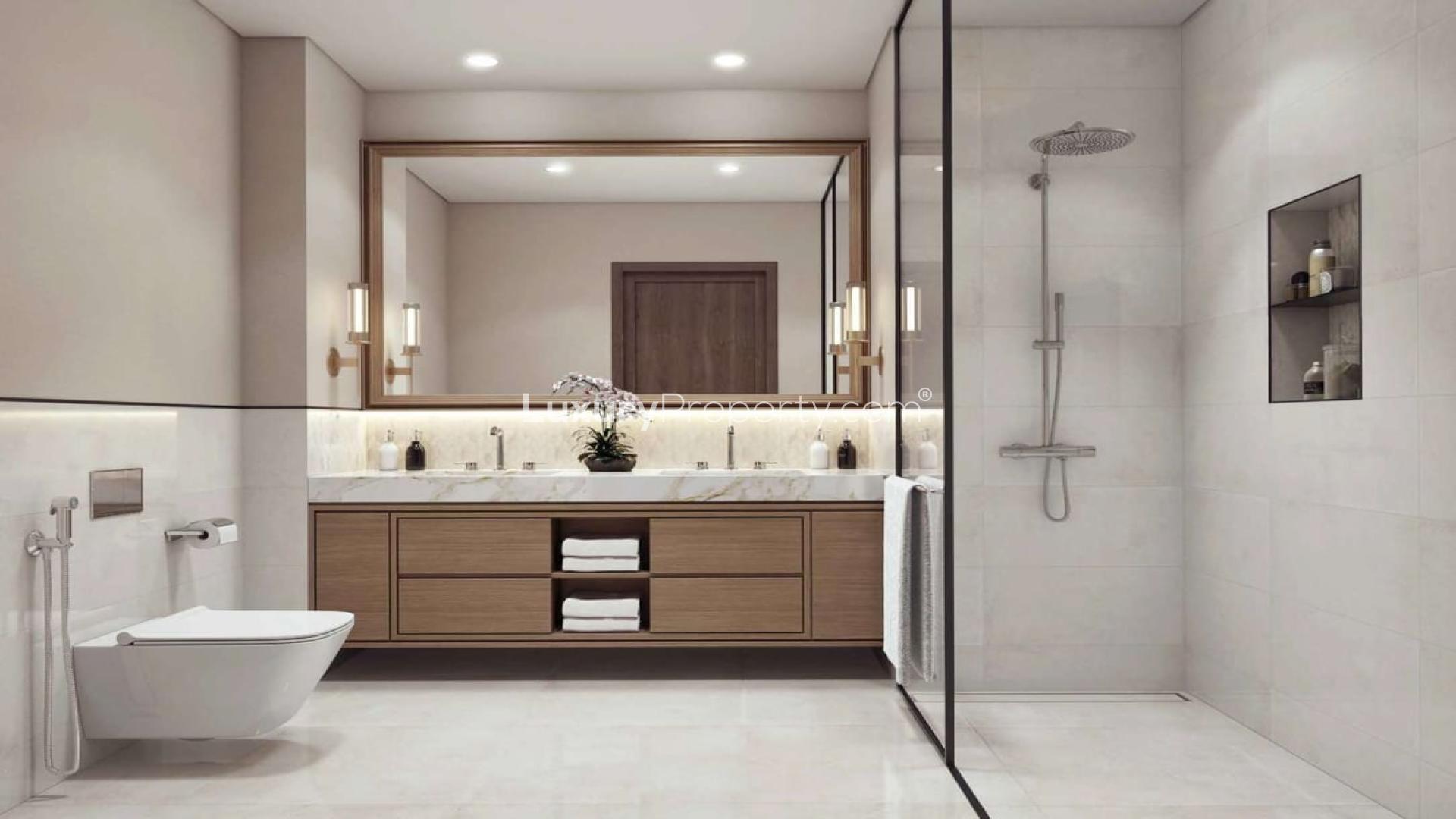 Beachfront Dubai Harbour apartment with modern living room and kitchen, Emaar Beachfront view