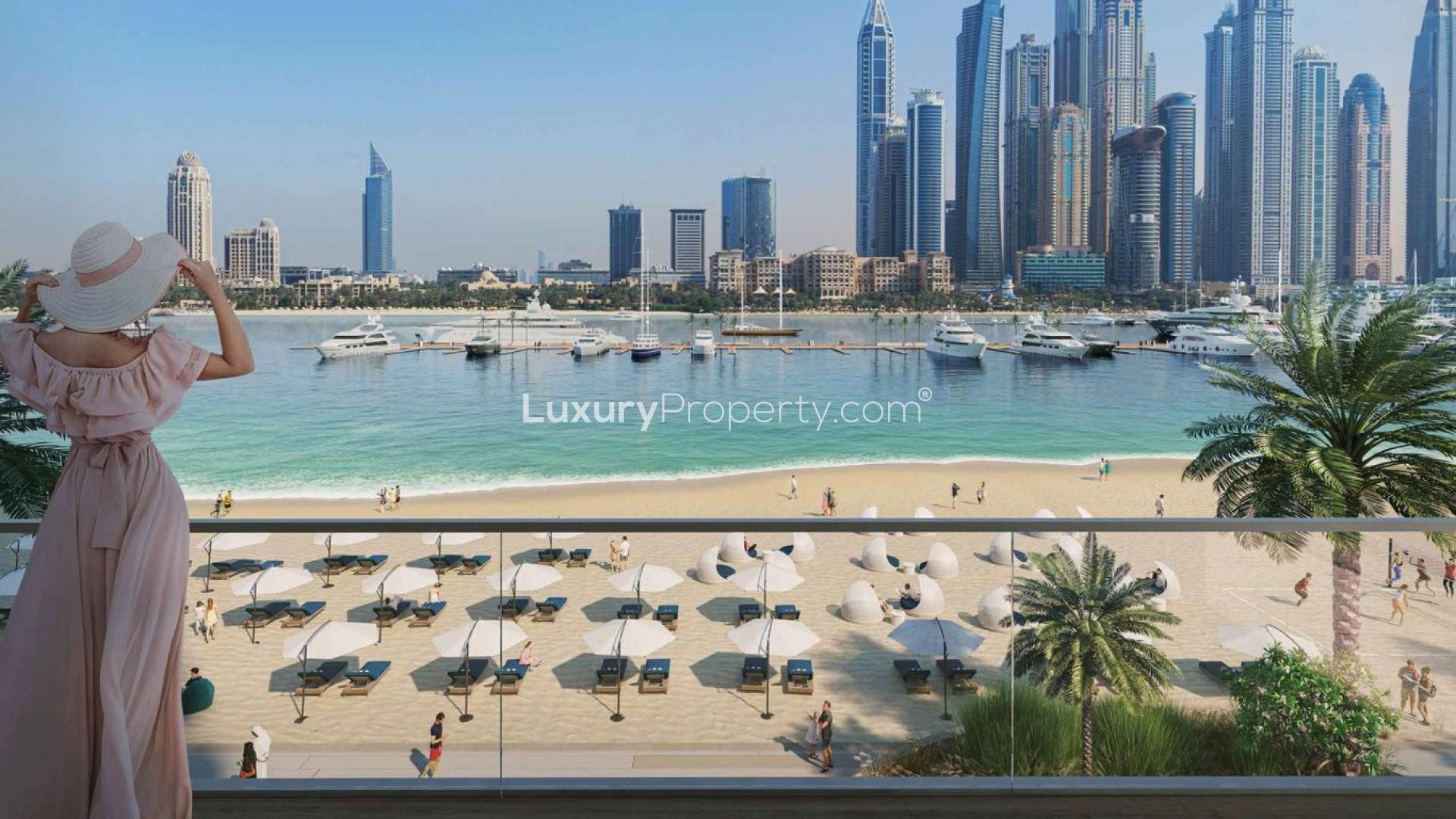 Modern living room in Emaar Beachfront apartment with marina view, Dubai Harbour