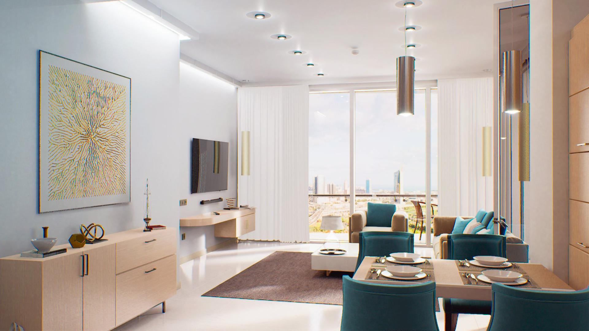 Modern living room in Se7en City JLT apartment, featuring stylish furniture and decor