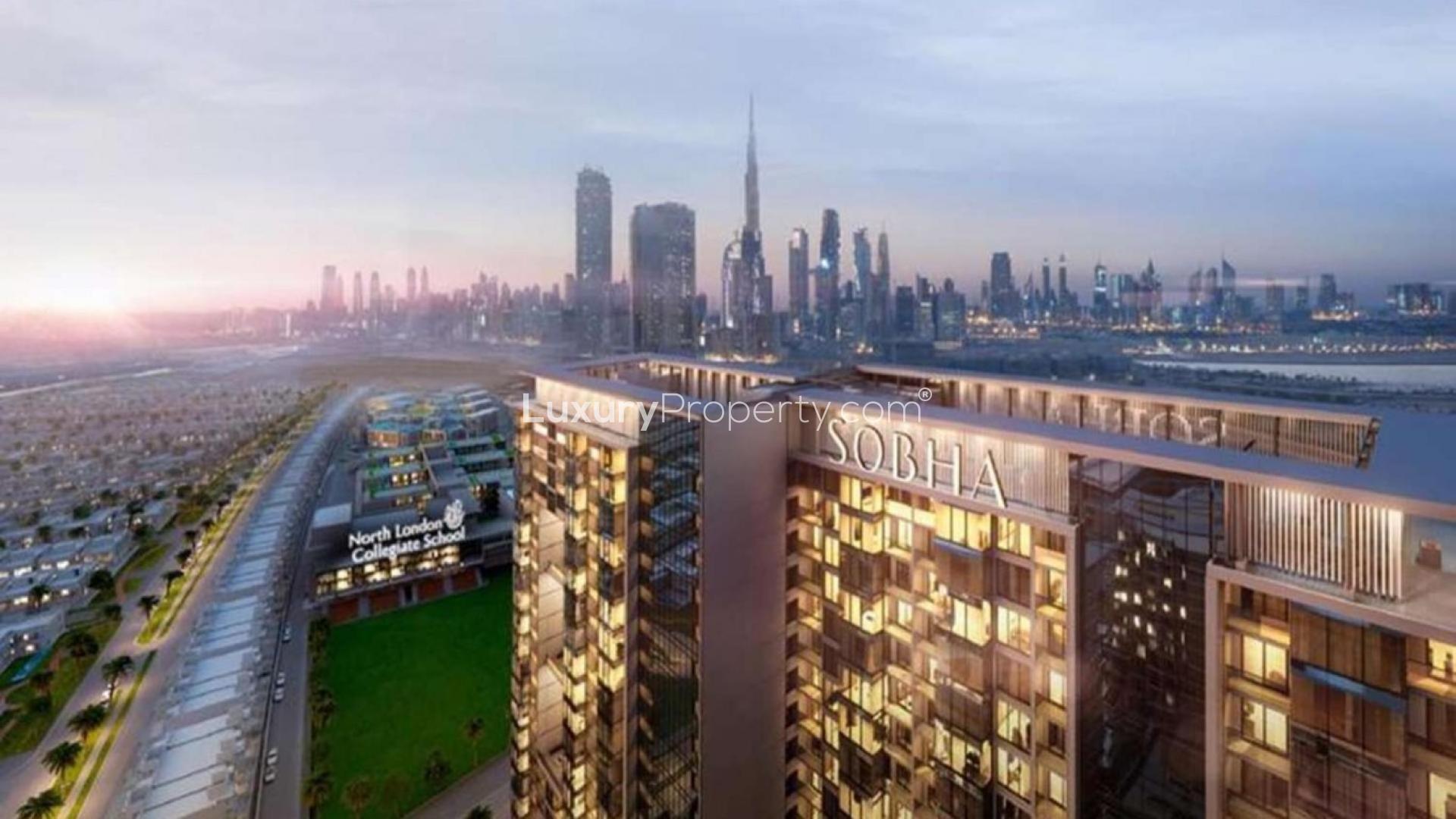 Mid-floor apartment living room with stunning Downtown Dubai skyline view, Sobha Hartland