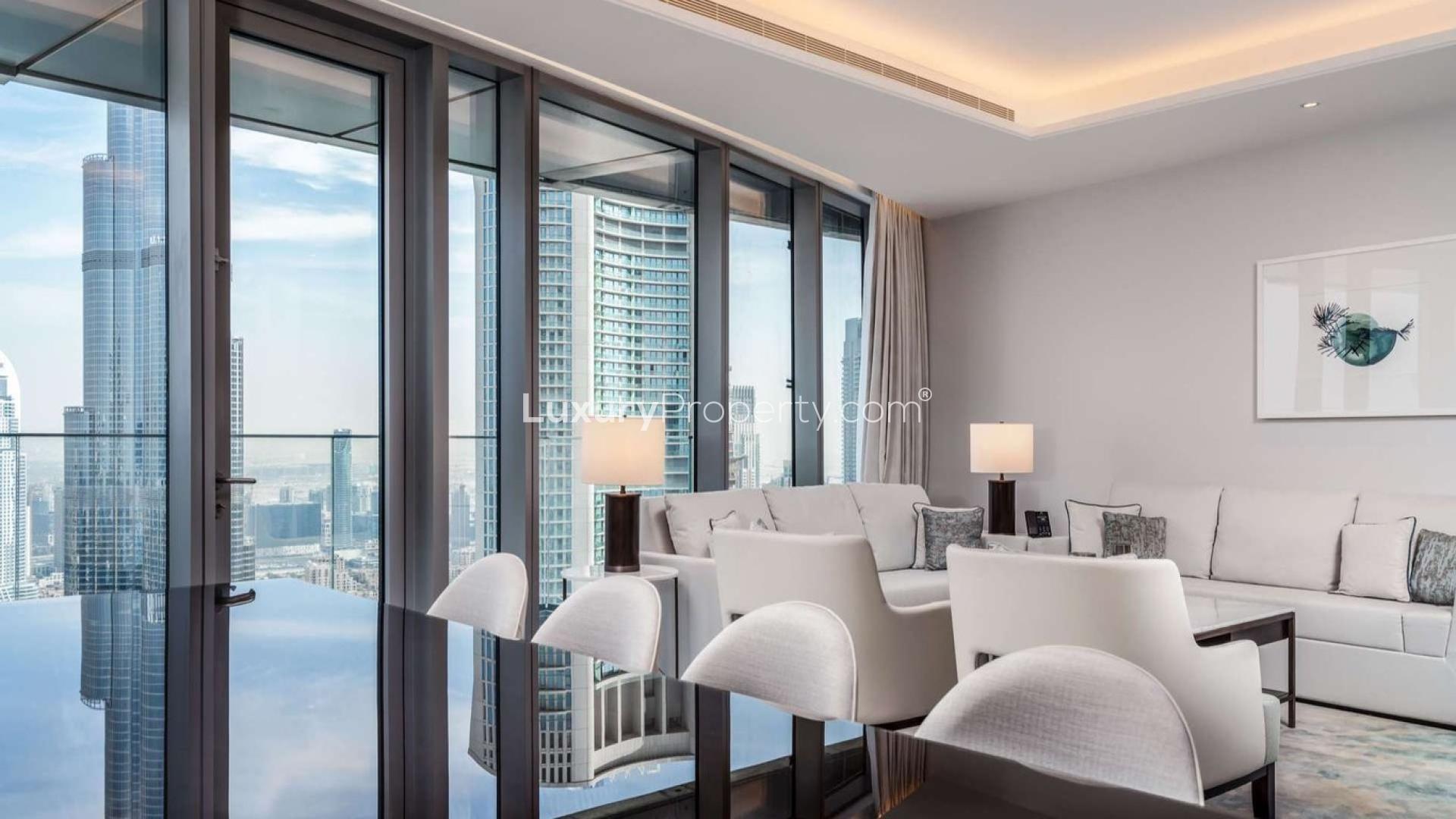 Luxury living room with city view in The Address Sky View, Downtown Dubai apartment