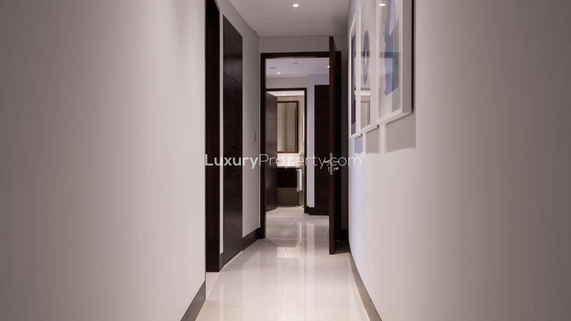 Fully furnished living room in The Address Sky View apartment, Downtown Dubai, with city view