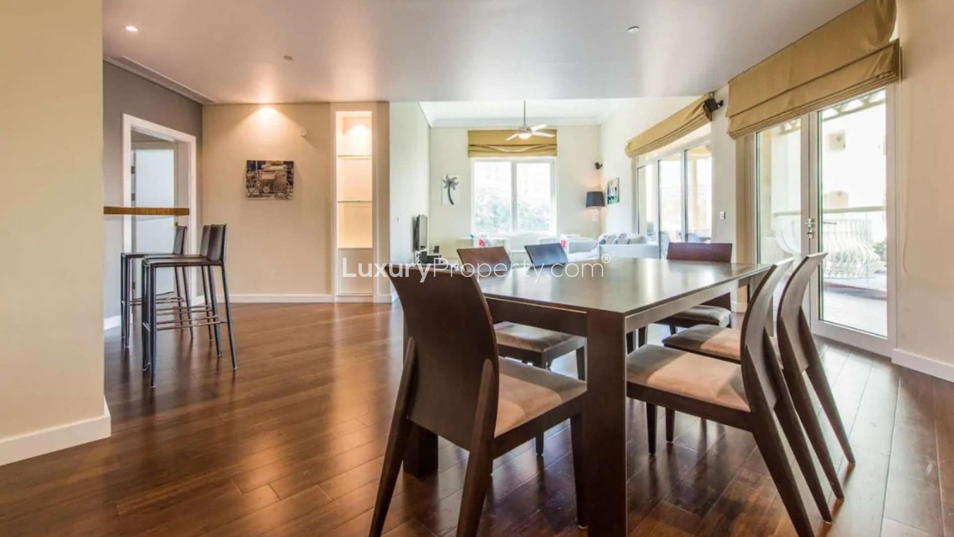 Living room of upgraded 3-bedroom apartment in Shoreline Residences, Palm Jumeirah for sale