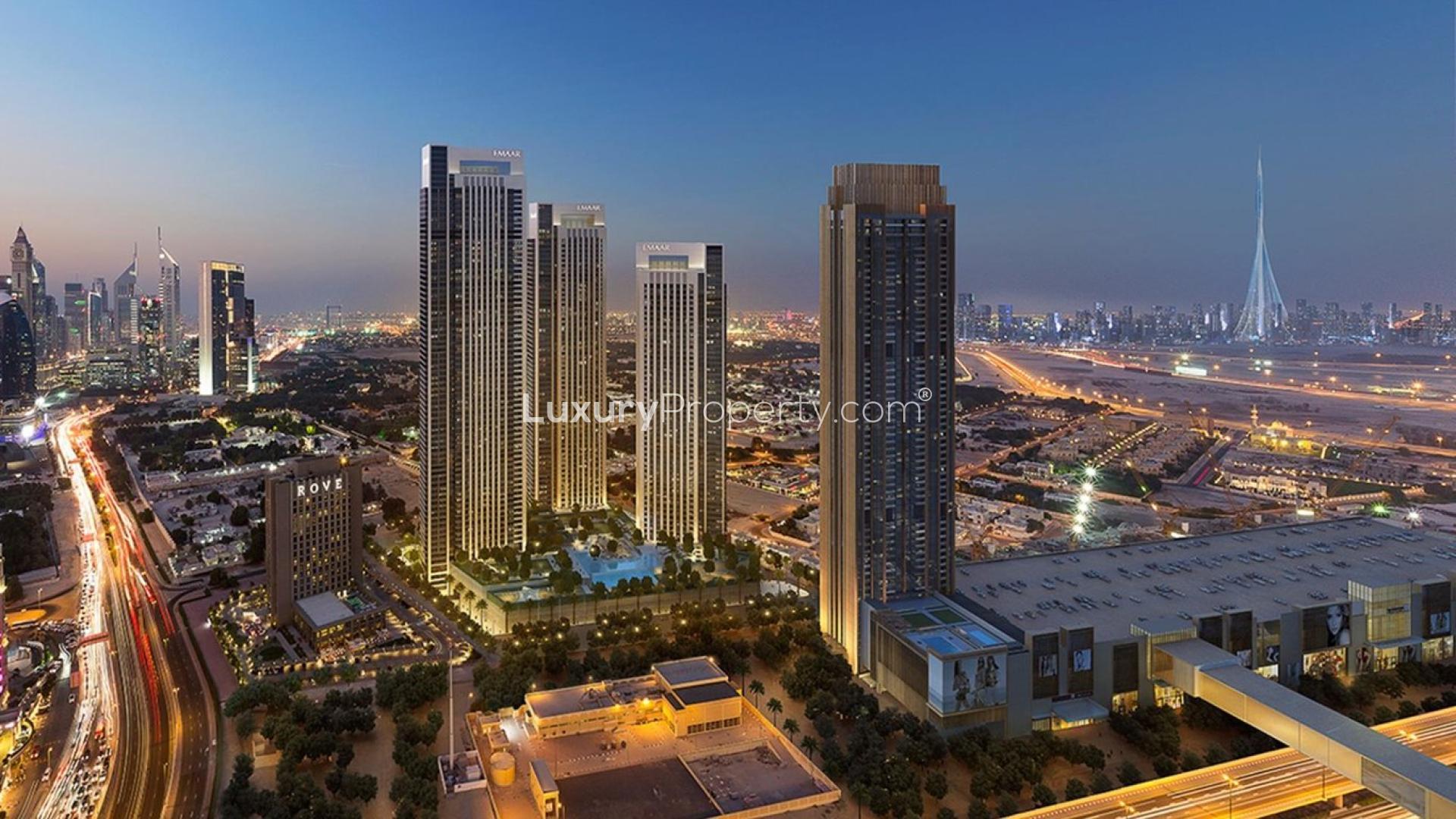 Aerial view of Downtown Dubai skyline featuring Downtown Views II apartments at dusk