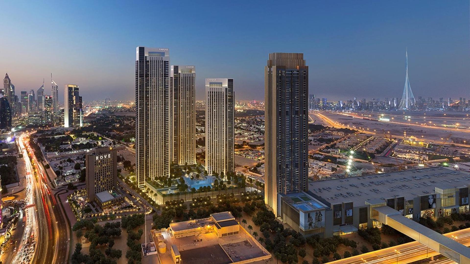 Aerial view of Downtown Dubai skyline featuring Downtown Views II apartments at dusk