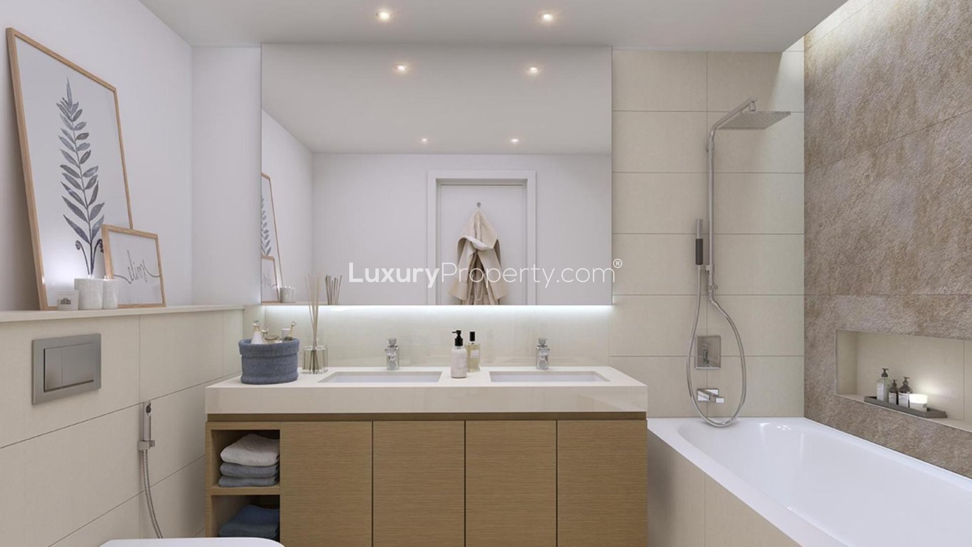 Luxurious Downtown Dubai apartment bedroom with city skyline view, modern decor, and balcony access