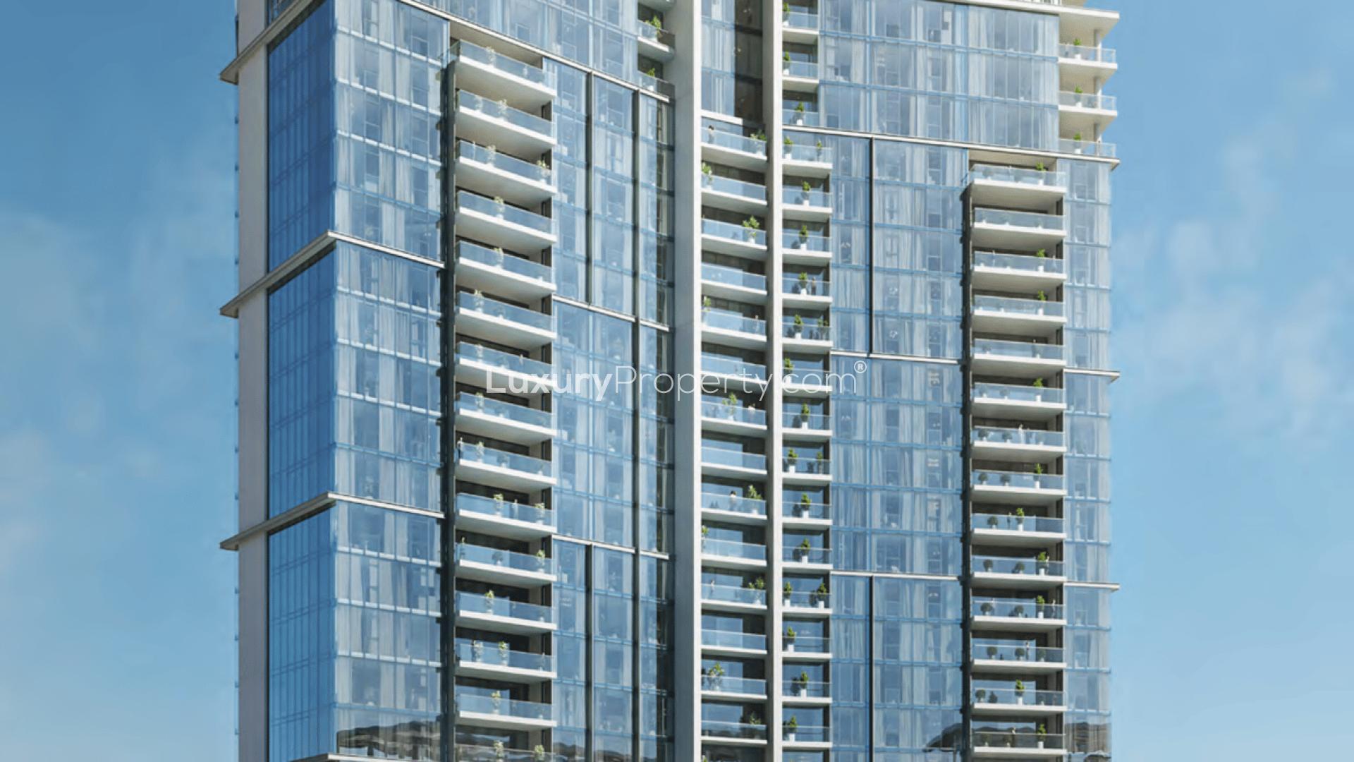 Luxurious open-plan living and dining area with city views in District One apartment