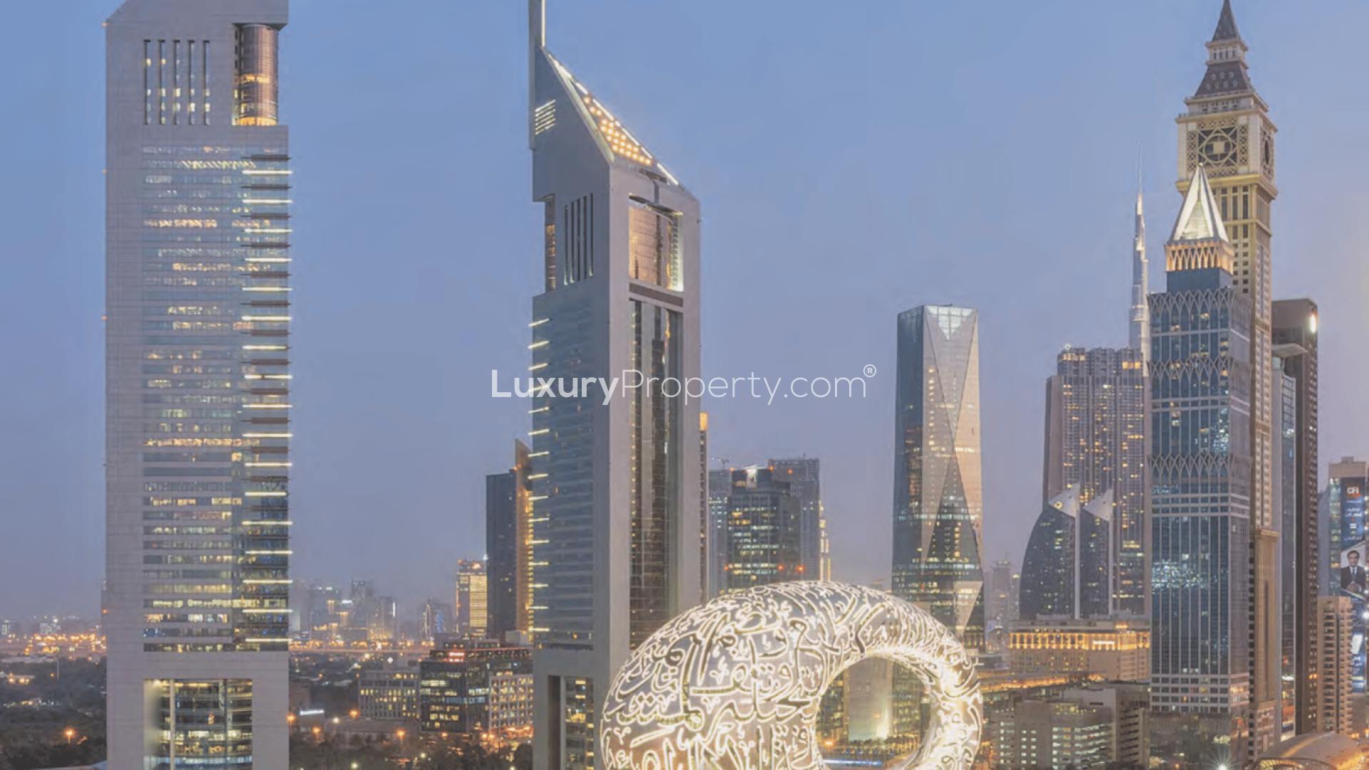 Luxurious living room with lagoon view in District One, Mohammed Bin Rashid City apartment