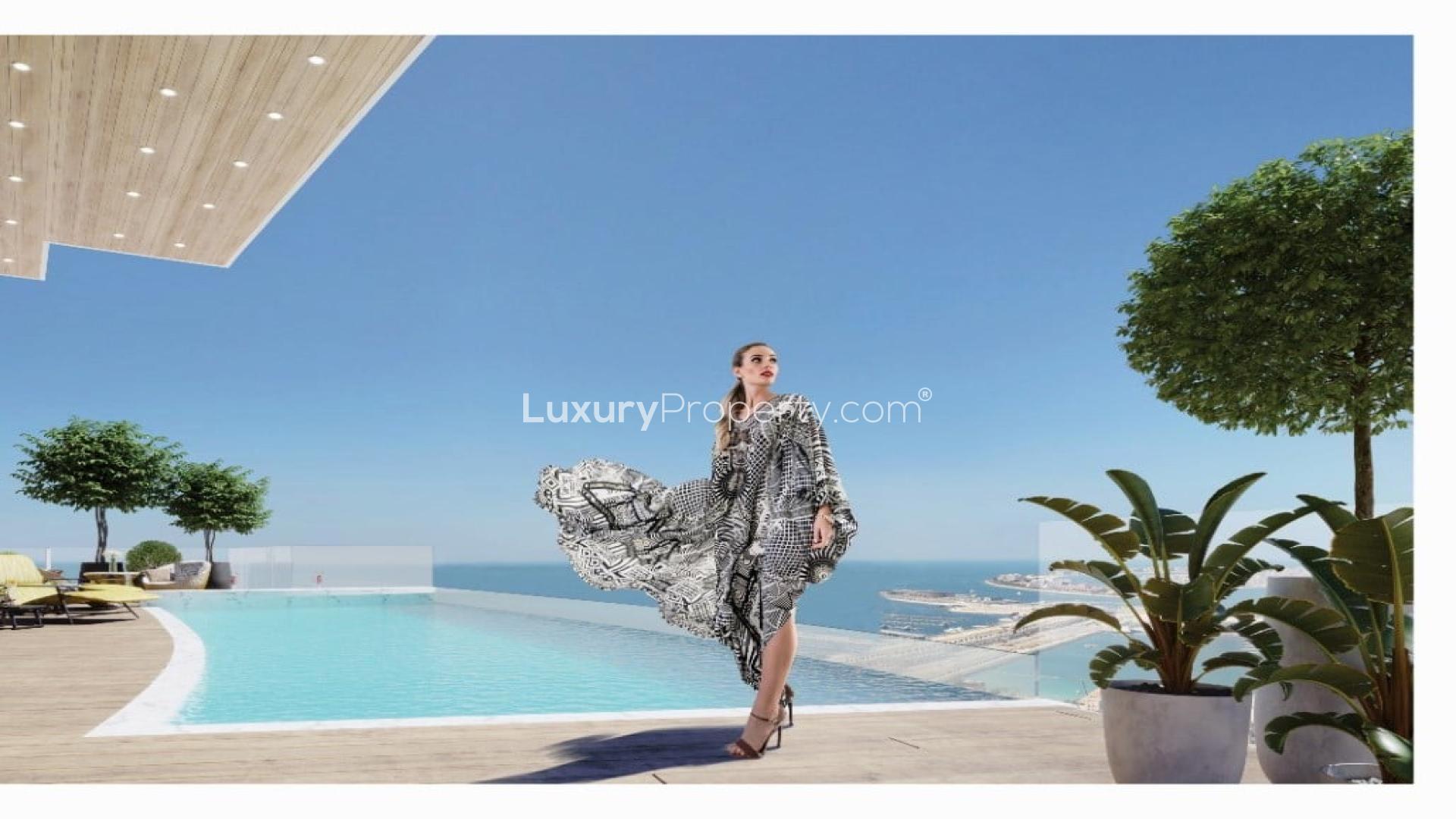 Luxurious Dubai Marina apartment living room with sea view, elegant decor, and modern furnishings