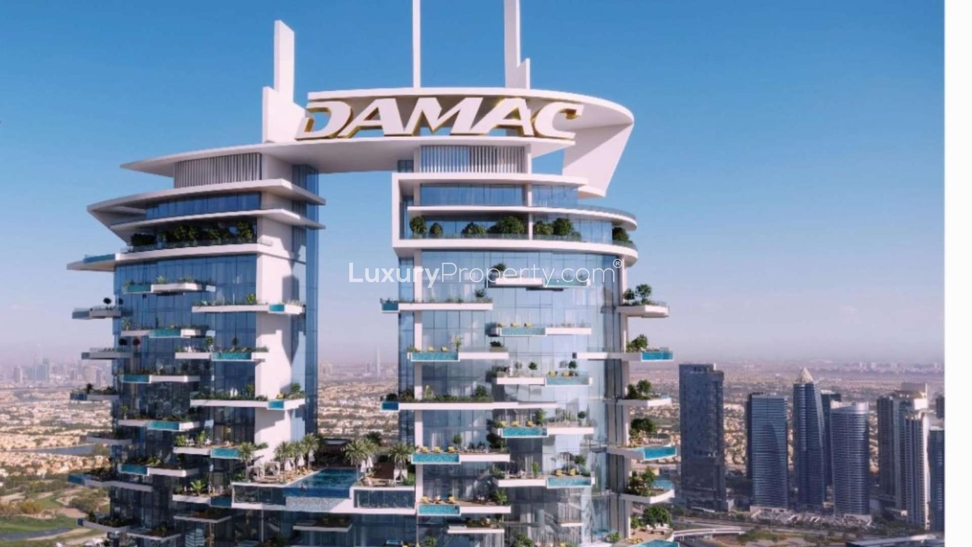 Luxurious Dubai Marina apartment living room with sea view, elegant decor, and large windows