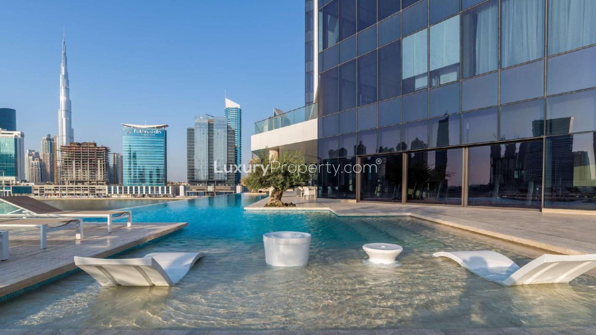Luxurious lobby of Volante penthouse in Business Bay, featuring elegant marble and wood design