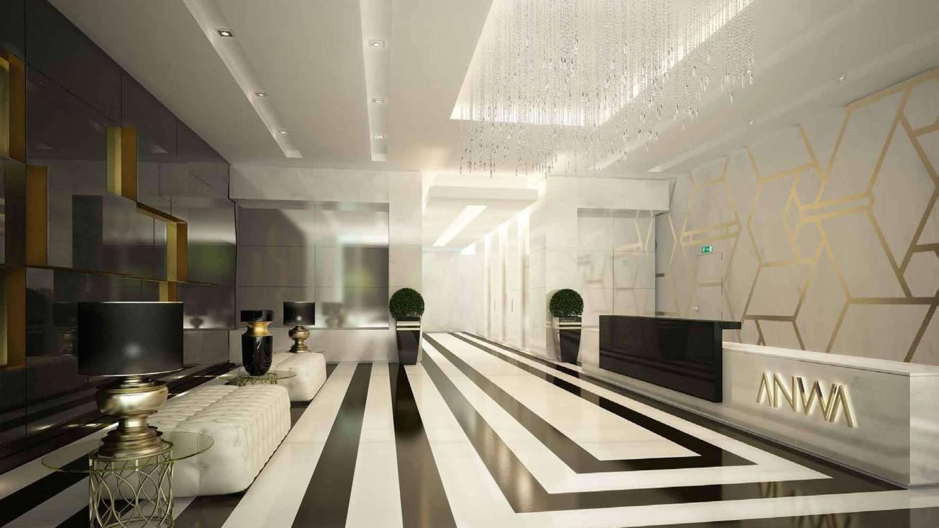 Luxurious lobby of Anwa apartment in Dubai Maritime City, elegant design and decor